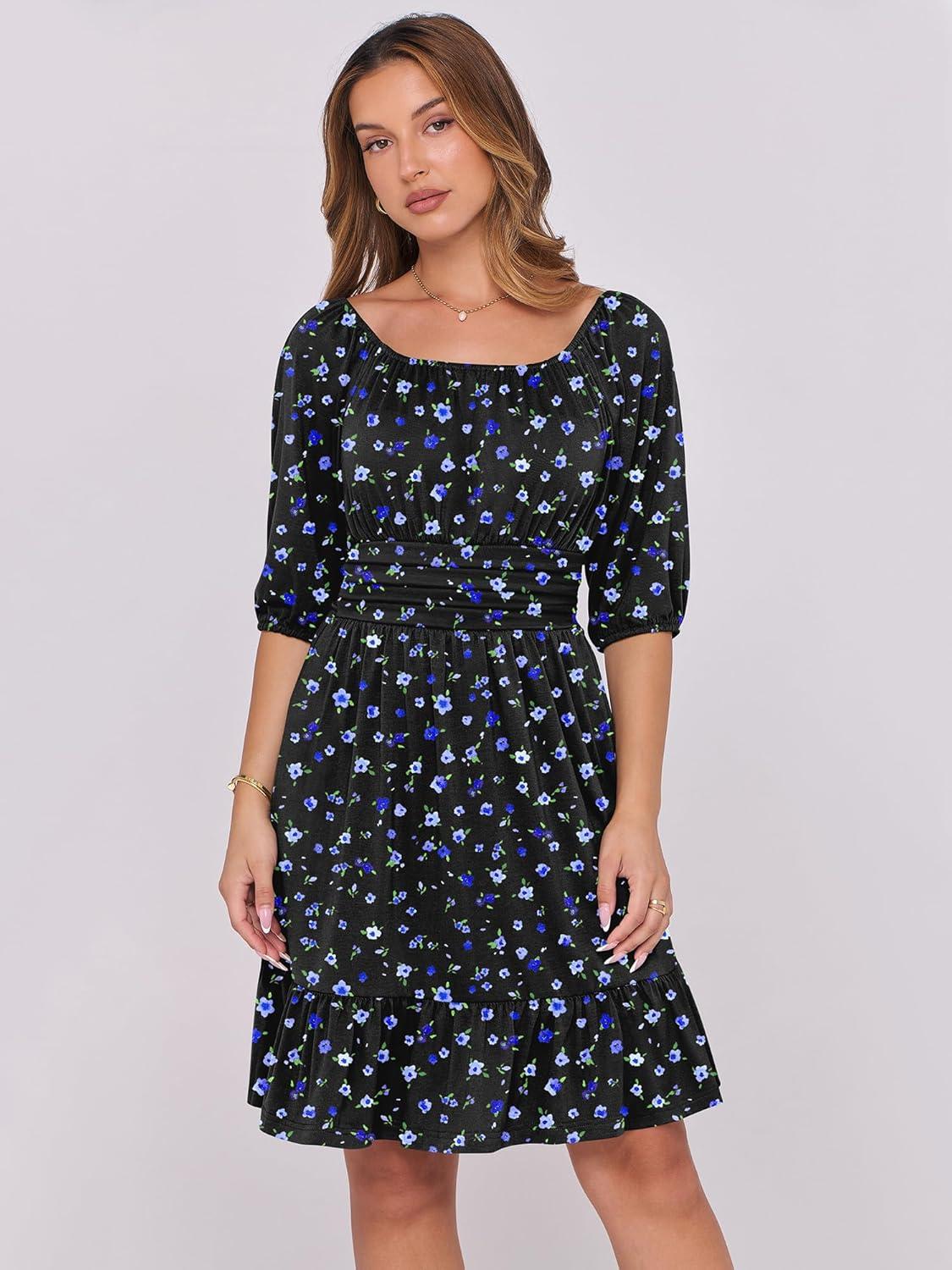 imageANRABESS Womens Half Sleeve Mini Dress 2025 Fall Square Neck Casual Flowy Wedding Guest Dresses Summer Beach Vacation OutfitsBlue Floral