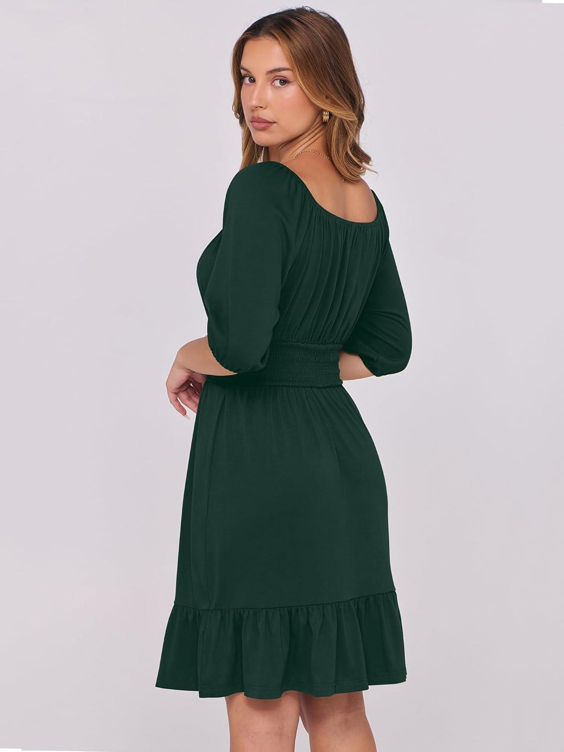 imageANRABESS Womens Half Sleeve Mini Dress 2025 Fall Square Neck Casual Flowy Wedding Guest Dresses Summer Beach Vacation OutfitsDark Green