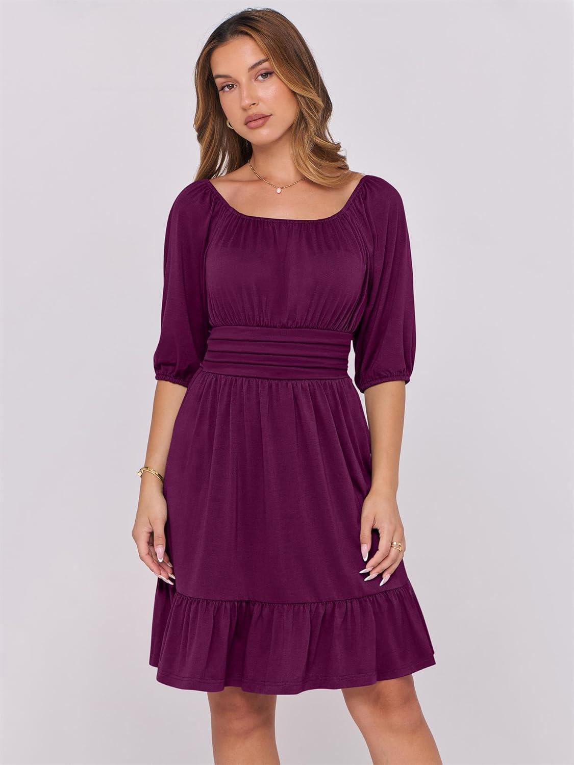 imageANRABESS Womens Half Sleeve Mini Dress 2025 Fall Square Neck Casual Flowy Wedding Guest Dresses Summer Beach Vacation OutfitsDark Purple