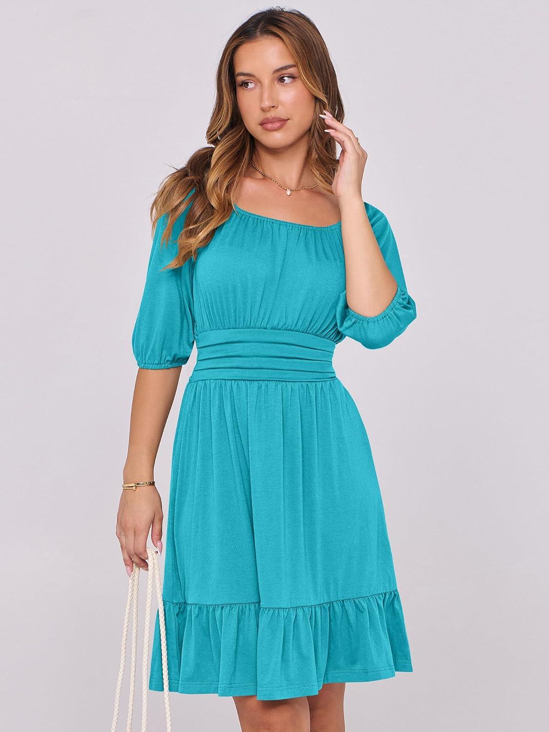 imageANRABESS Womens Half Sleeve Mini Dress 2025 Fall Square Neck Casual Flowy Wedding Guest Dresses Summer Beach Vacation OutfitsLake Green