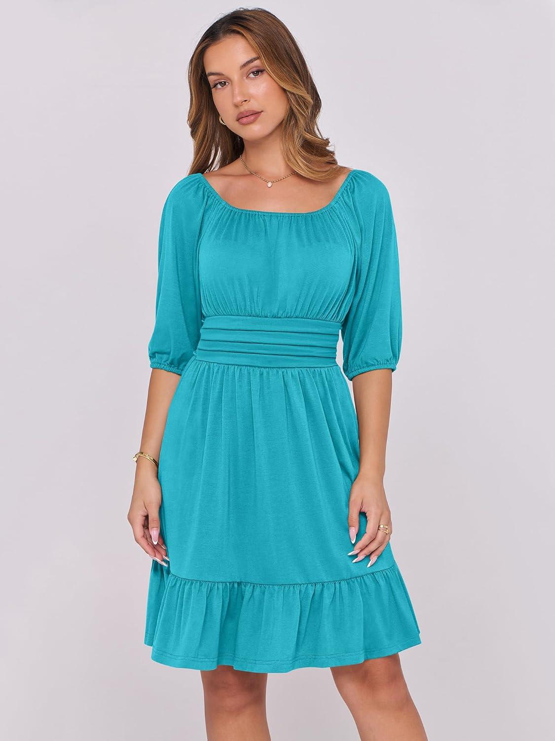 imageANRABESS Womens Half Sleeve Mini Dress 2025 Fall Square Neck Casual Flowy Wedding Guest Dresses Summer Beach Vacation OutfitsLake Green