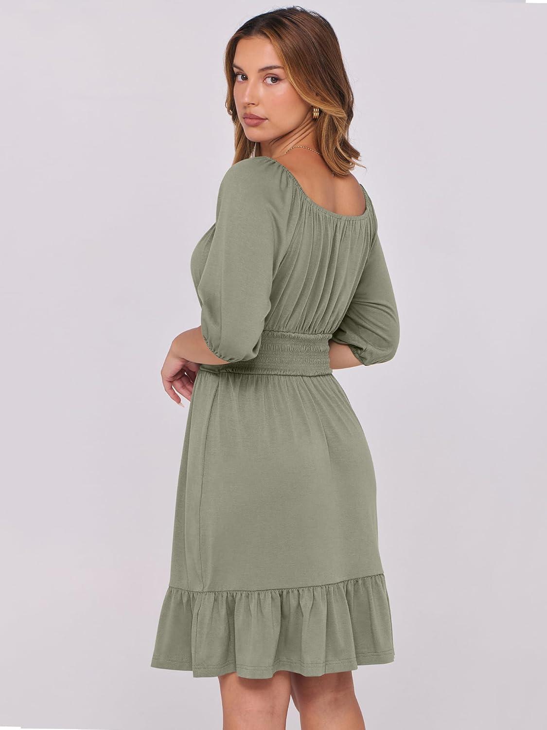 imageANRABESS Womens Half Sleeve Mini Dress 2025 Fall Square Neck Casual Flowy Wedding Guest Dresses Summer Beach Vacation OutfitsOlive