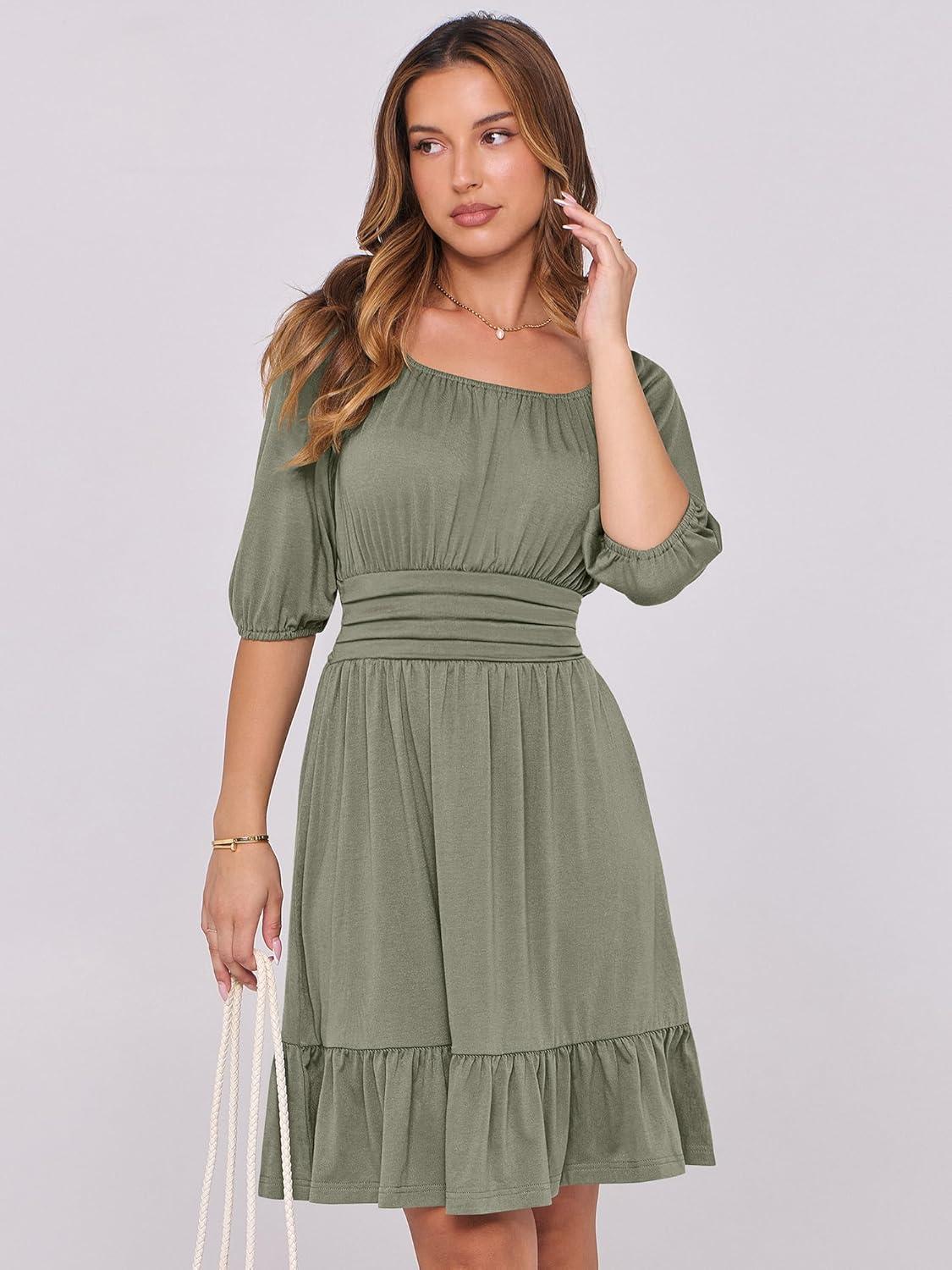 imageANRABESS Womens Half Sleeve Mini Dress 2025 Fall Square Neck Casual Flowy Wedding Guest Dresses Summer Beach Vacation OutfitsOlive