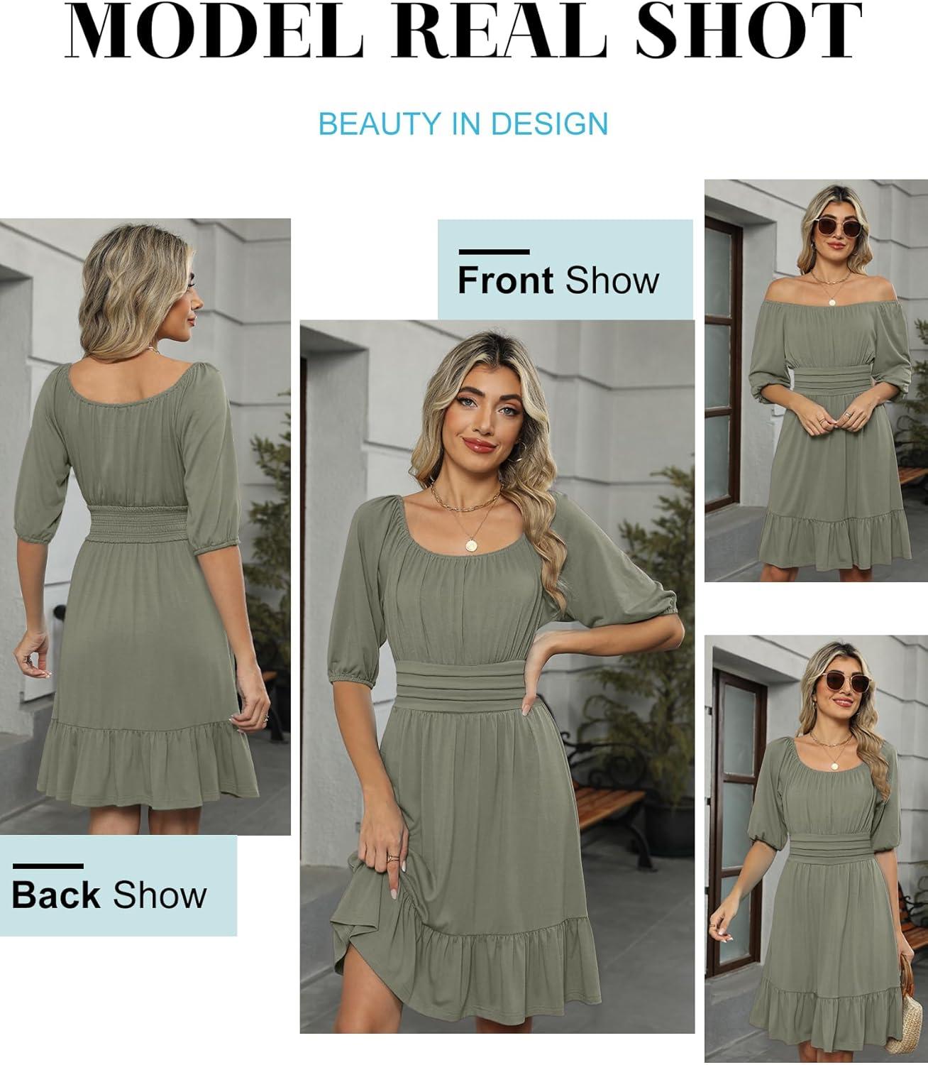 imageANRABESS Womens Half Sleeve Mini Dress 2025 Fall Square Neck Casual Flowy Wedding Guest Dresses Summer Beach Vacation OutfitsOlive