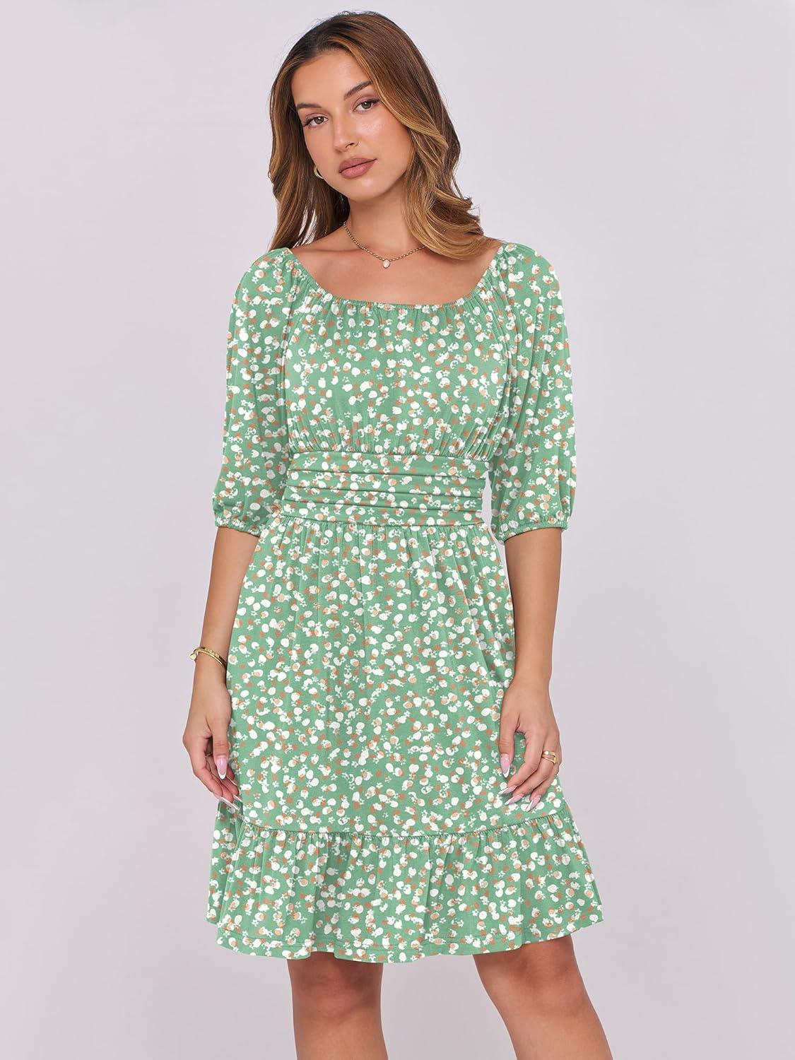 imageANRABESS Womens Half Sleeve Mini Dress 2025 Fall Square Neck Casual Flowy Wedding Guest Dresses Summer Beach Vacation OutfitsWhite Brown Dot