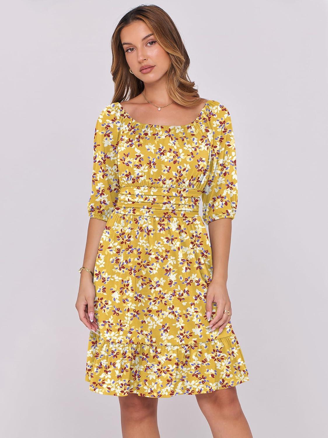 imageANRABESS Womens Half Sleeve Mini Dress 2025 Fall Square Neck Casual Flowy Wedding Guest Dresses Summer Beach Vacation OutfitsYellow Red Floral