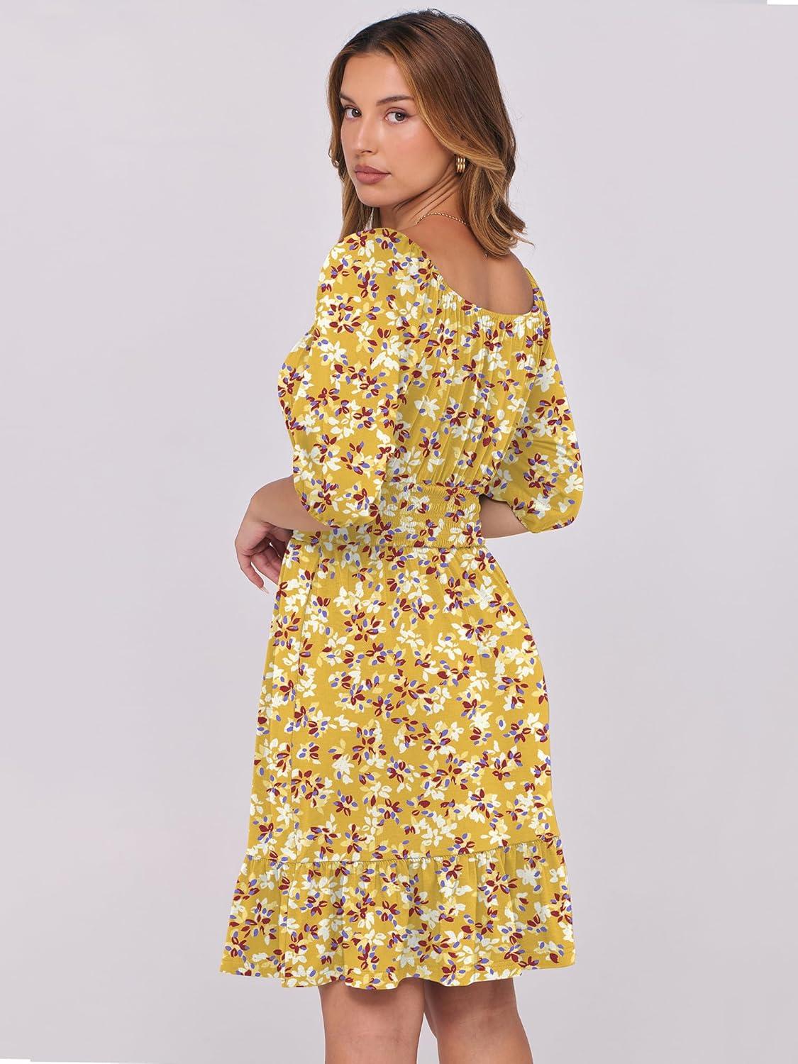 imageANRABESS Womens Half Sleeve Mini Dress 2025 Fall Square Neck Casual Flowy Wedding Guest Dresses Summer Beach Vacation OutfitsYellow Red Floral