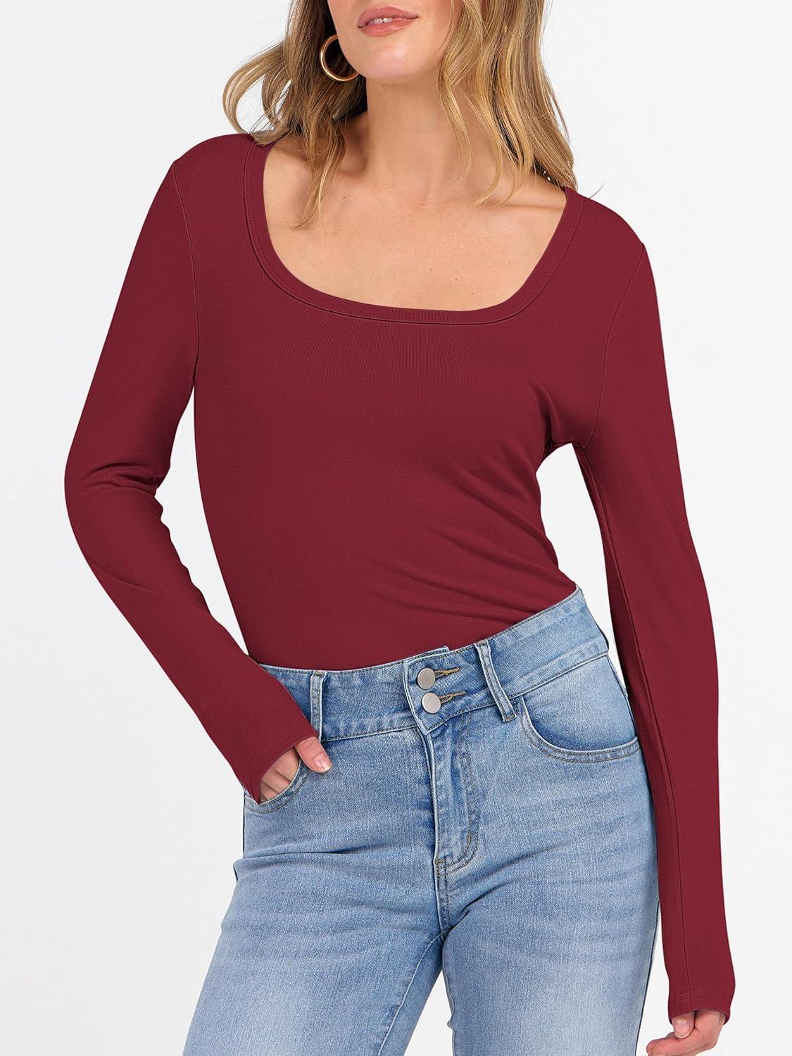 imageANRABESS Womens Long Sleeve Fleece Thermal Tops Square Neck Fitted Basic Thick Layering Shirt 2025 Fall Winter OutfitsDark Red