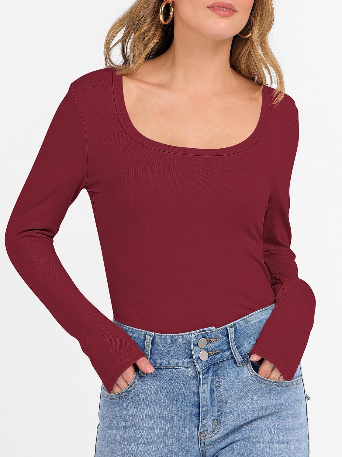 imageANRABESS Womens Long Sleeve Fleece Thermal Tops Square Neck Fitted Basic Thick Layering Shirt 2025 Fall Winter OutfitsDark Red