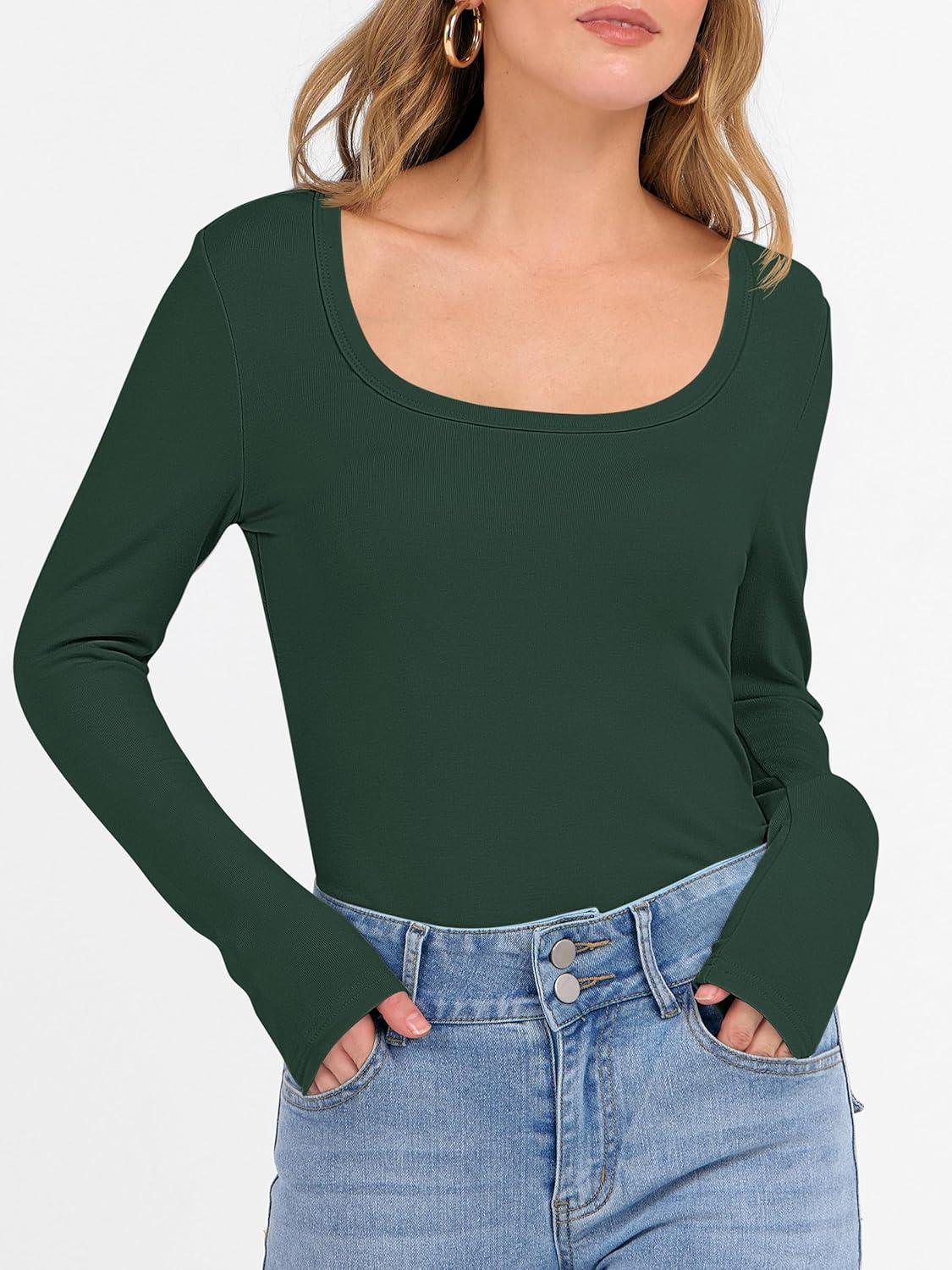 imageANRABESS Womens Long Sleeve Fleece Thermal Tops Square Neck Fitted Basic Thick Layering Shirt 2025 Fall Winter OutfitsForest Green