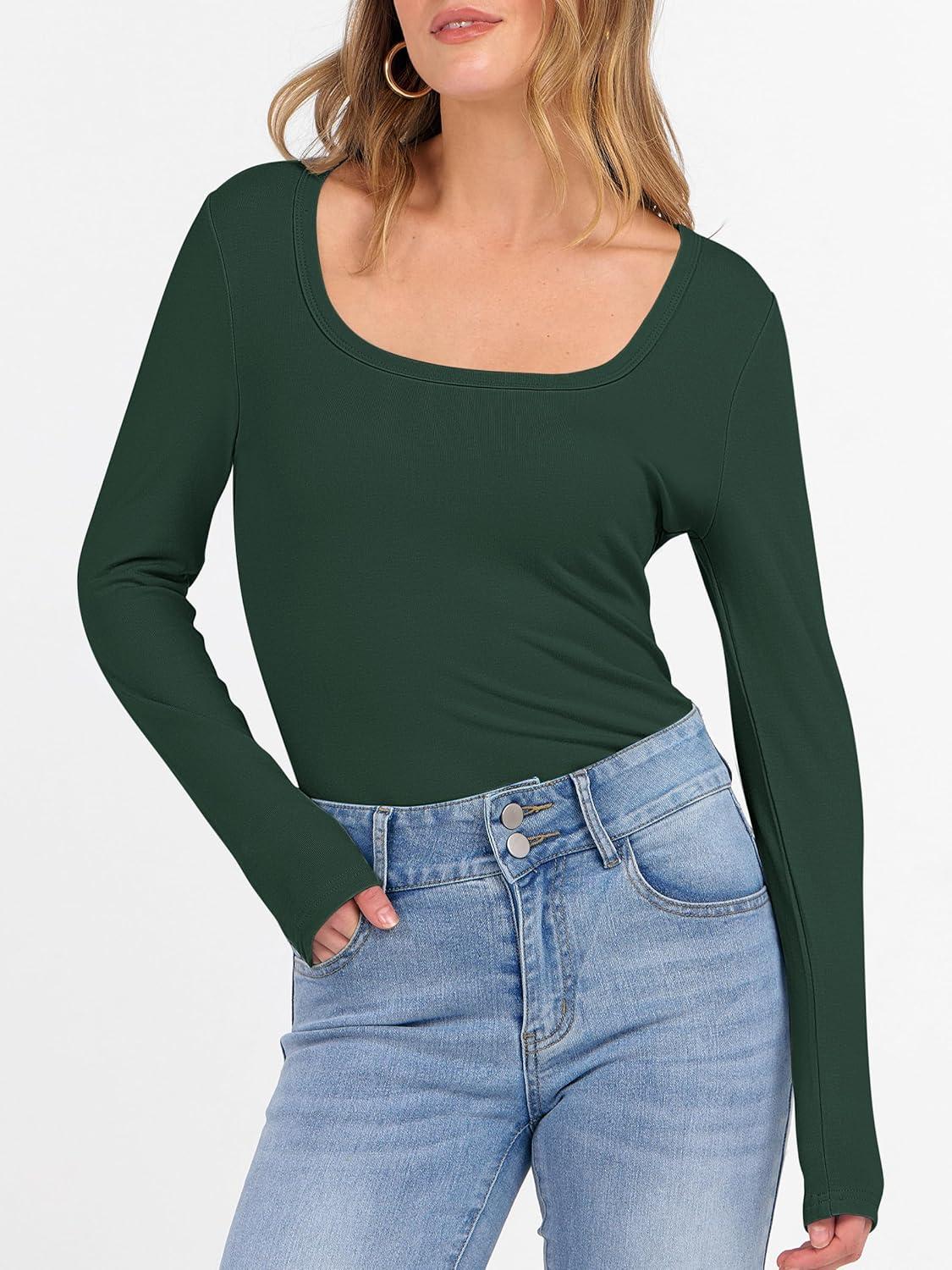 imageANRABESS Womens Long Sleeve Fleece Thermal Tops Square Neck Fitted Basic Thick Layering Shirt 2025 Fall Winter OutfitsForest Green