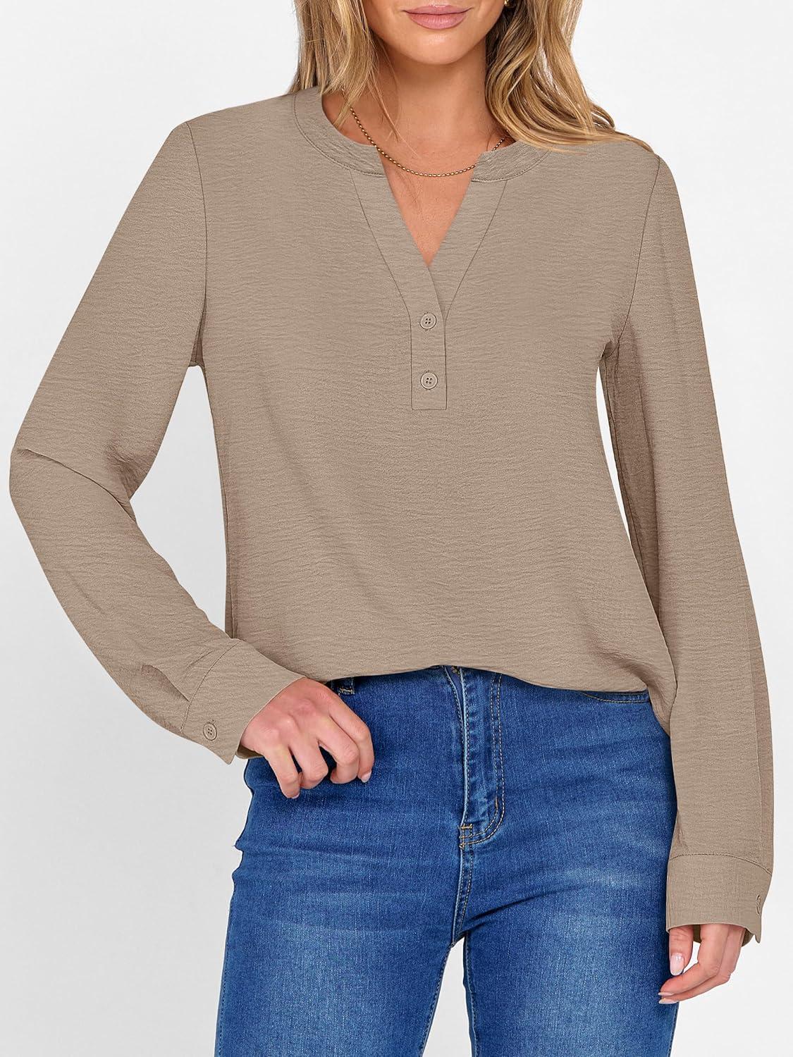 imageANRABESS Womens Long Sleeve Shirts 2025 Fall Henley Business Dressy Casual Tops V Neck Button Down TShirts Work BlousesYellow Khaki