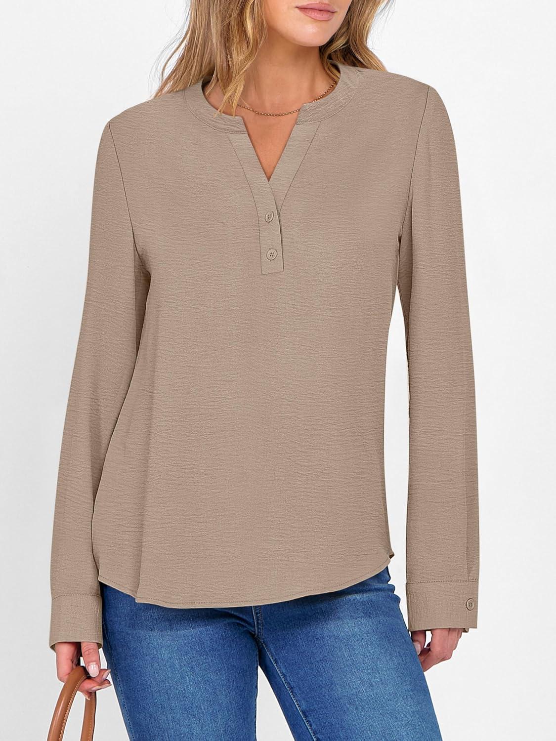 imageANRABESS Womens Long Sleeve Shirts 2025 Fall Henley Business Dressy Casual Tops V Neck Button Down TShirts Work BlousesYellow Khaki