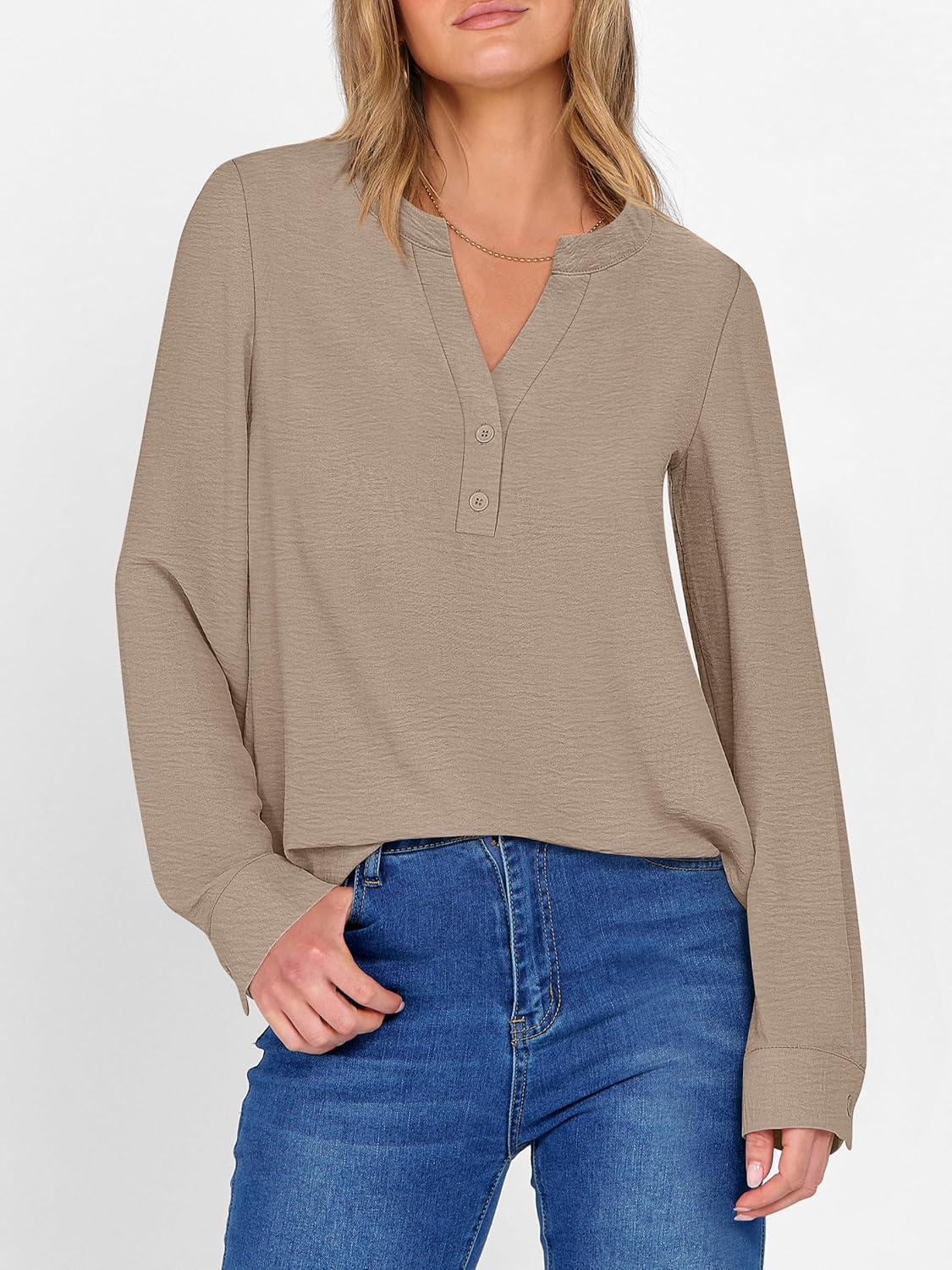 imageANRABESS Womens Long Sleeve Shirts 2025 Fall Henley Business Dressy Casual Tops V Neck Button Down TShirts Work BlousesYellow Khaki