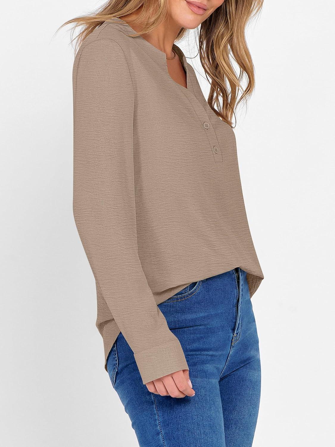 imageANRABESS Womens Long Sleeve Shirts 2025 Fall Henley Business Dressy Casual Tops V Neck Button Down TShirts Work BlousesYellow Khaki