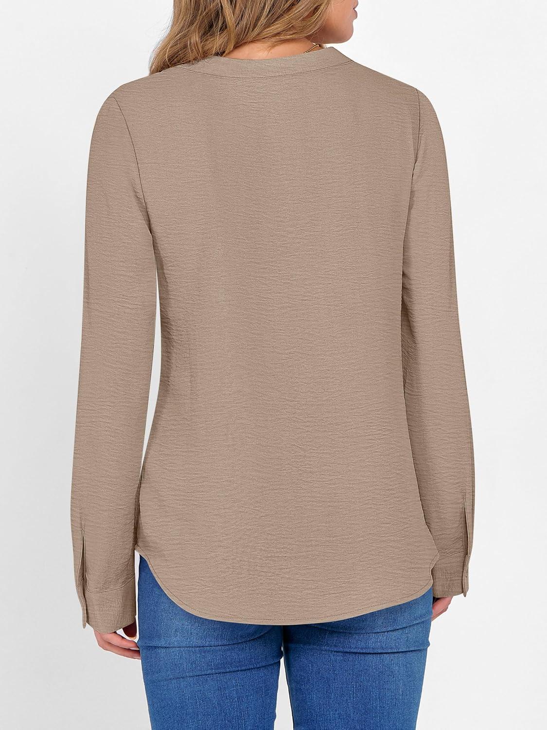 imageANRABESS Womens Long Sleeve Shirts 2025 Fall Henley Business Dressy Casual Tops V Neck Button Down TShirts Work BlousesYellow Khaki