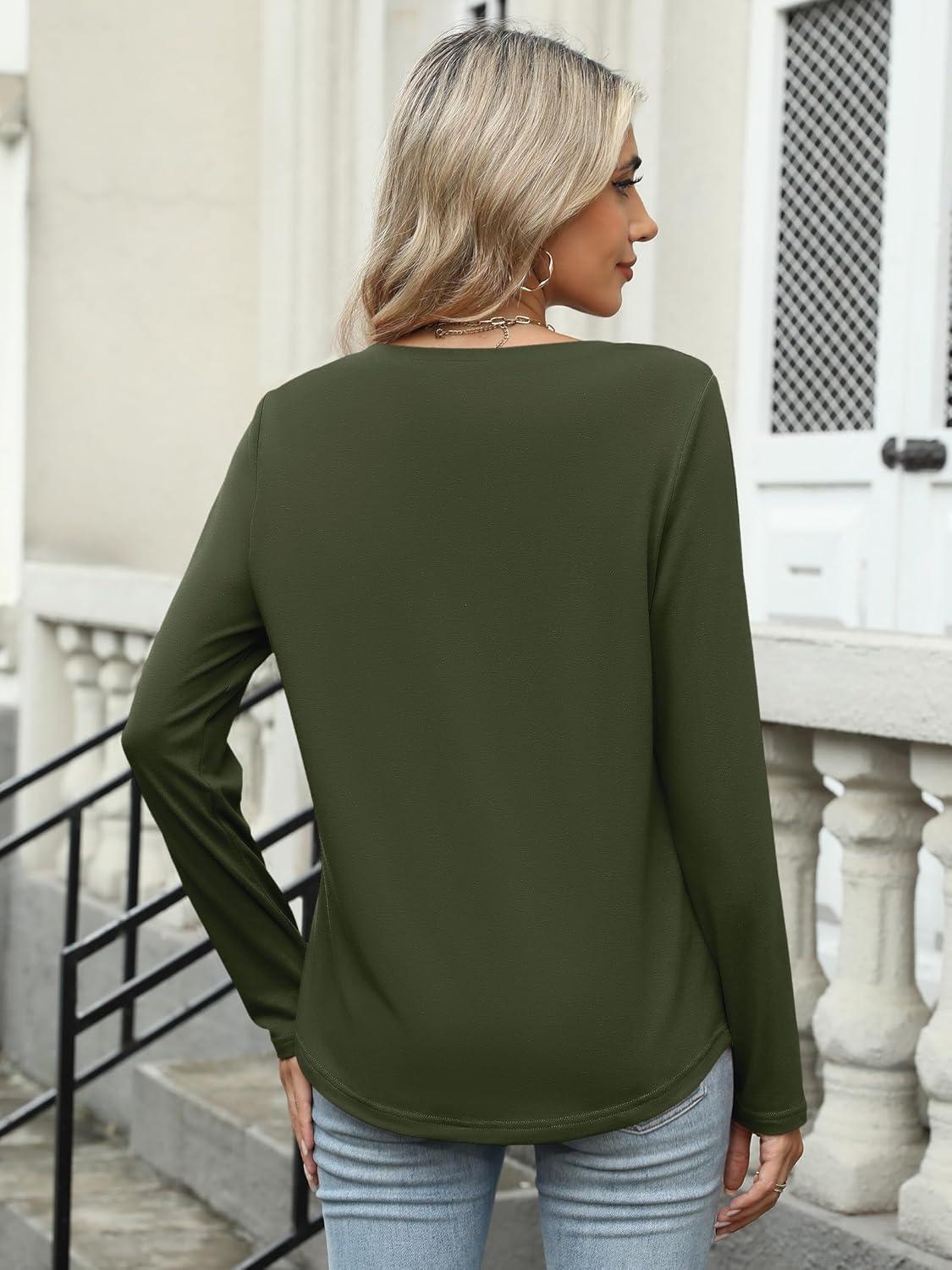 imageANRABESS Womens Long Sleeve Shirts Casual V Neck Basic Tee Tshirts Loose Fit Curved Hem Tunic Top 2025 Fall OutfitsArmy Green