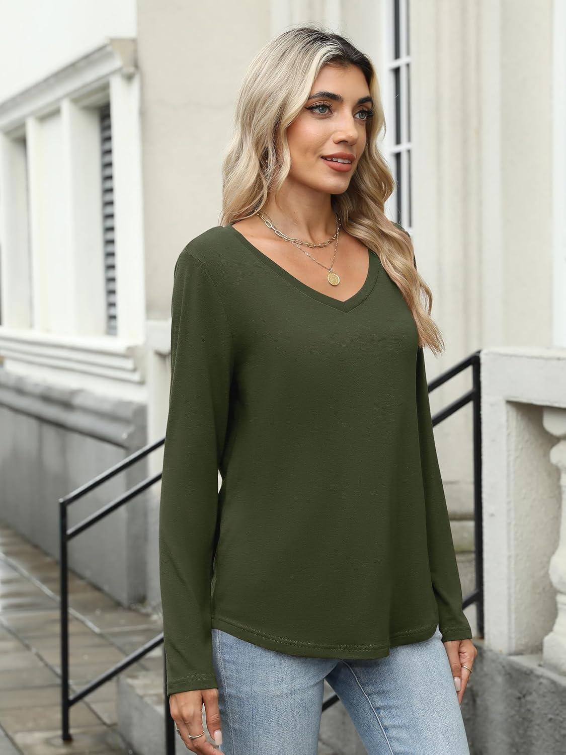 imageANRABESS Womens Long Sleeve Shirts Casual V Neck Basic Tee Tshirts Loose Fit Curved Hem Tunic Top 2025 Fall OutfitsArmy Green