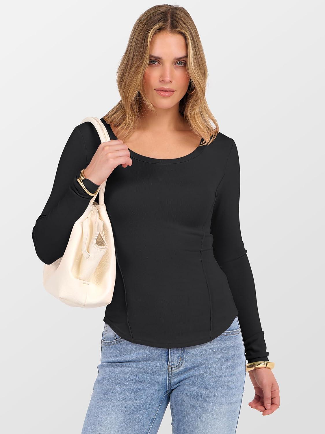 imageANRABESS Womens Long Sleeve Shirts Crewneck Curved Hem Rib Knit Slim Fit Basic Y2K Tops 2025 Fall Outfits Casual Work TeesBlack