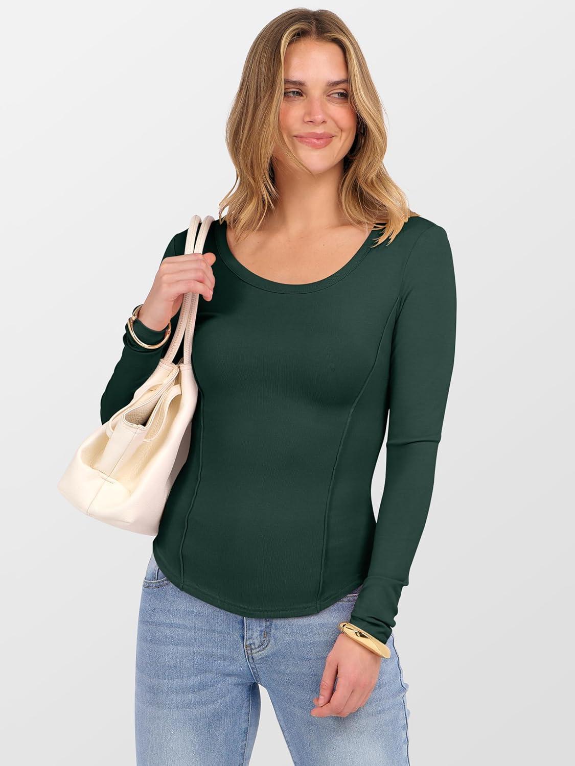 imageANRABESS Womens Long Sleeve Shirts Crewneck Curved Hem Rib Knit Slim Fit Basic Y2K Tops 2025 Fall Outfits Casual Work TeesDark Green