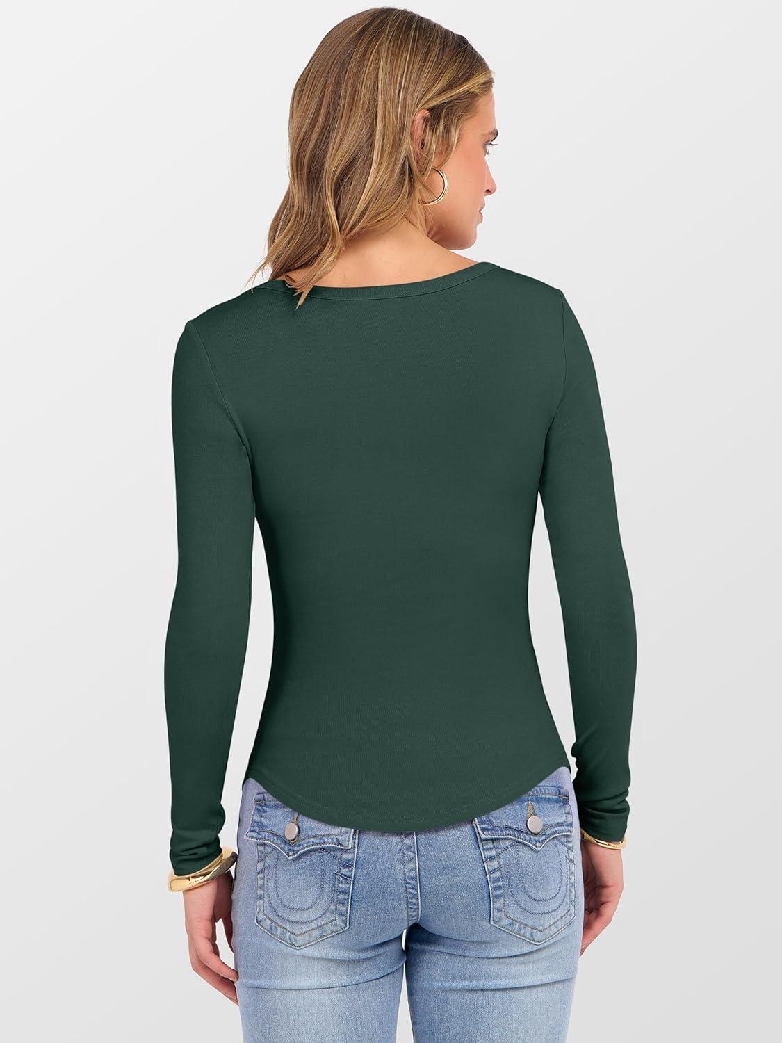 imageANRABESS Womens Long Sleeve Shirts Crewneck Curved Hem Rib Knit Slim Fit Basic Y2K Tops 2025 Fall Outfits Casual Work TeesDark Green