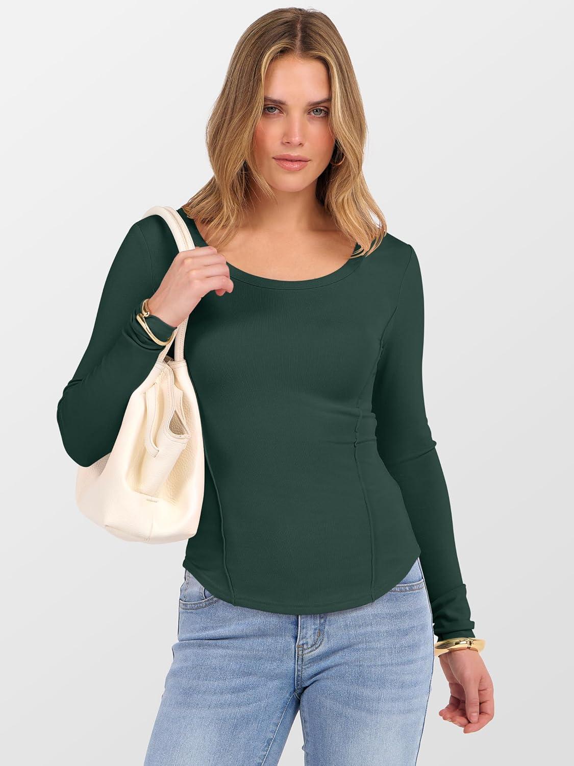 imageANRABESS Womens Long Sleeve Shirts Crewneck Curved Hem Rib Knit Slim Fit Basic Y2K Tops 2025 Fall Outfits Casual Work TeesDark Green
