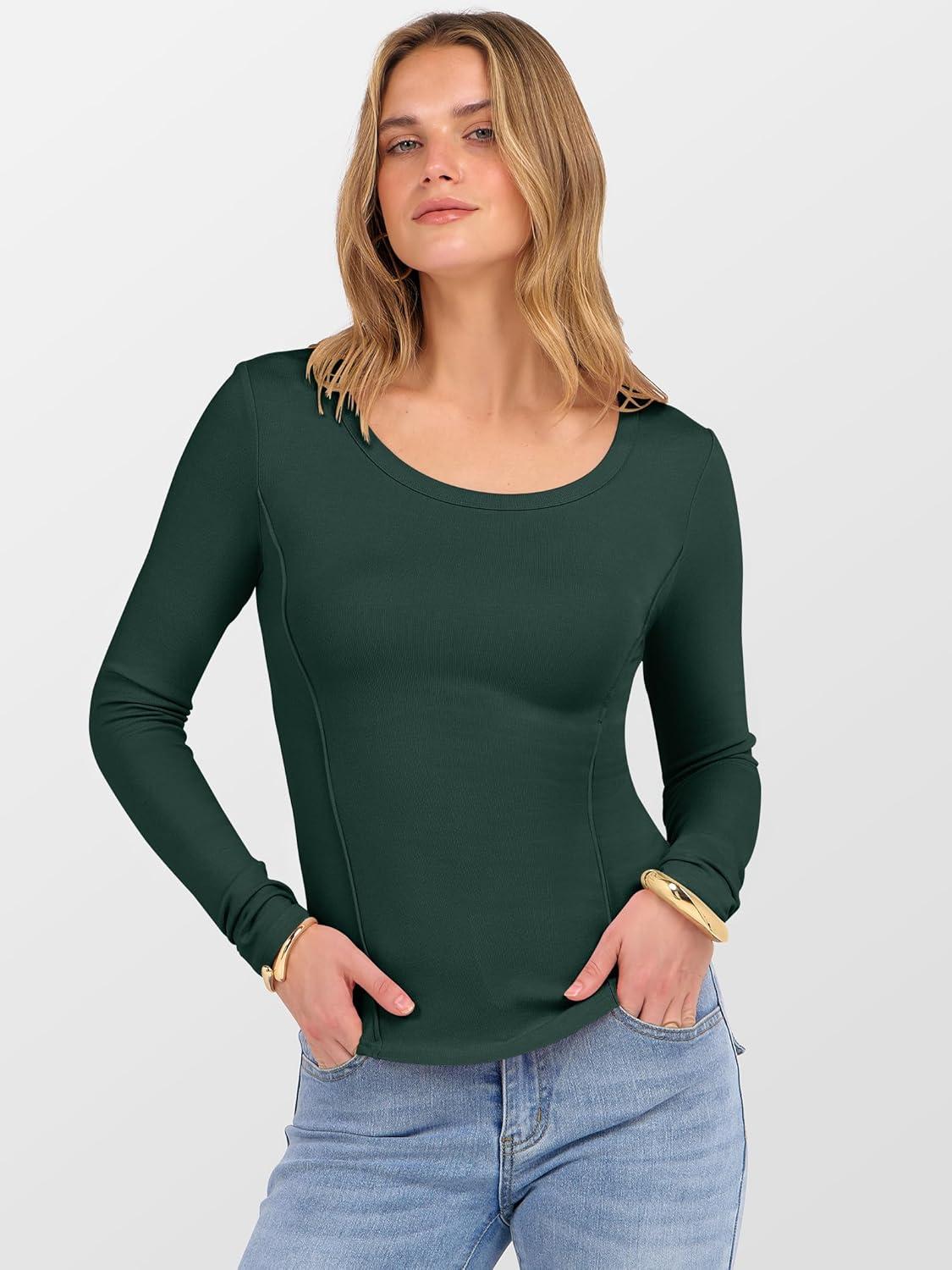 imageANRABESS Womens Long Sleeve Shirts Crewneck Curved Hem Rib Knit Slim Fit Basic Y2K Tops 2025 Fall Outfits Casual Work TeesDark Green