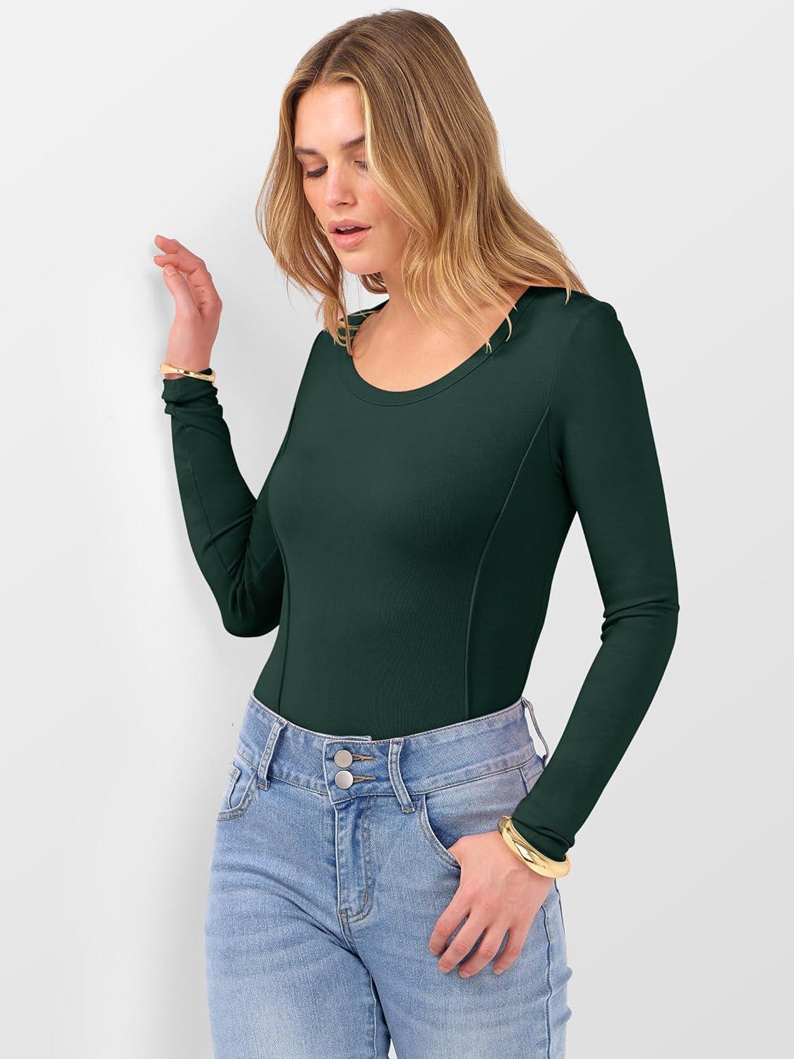 imageANRABESS Womens Long Sleeve Shirts Crewneck Curved Hem Rib Knit Slim Fit Basic Y2K Tops 2025 Fall Outfits Casual Work TeesDark Green