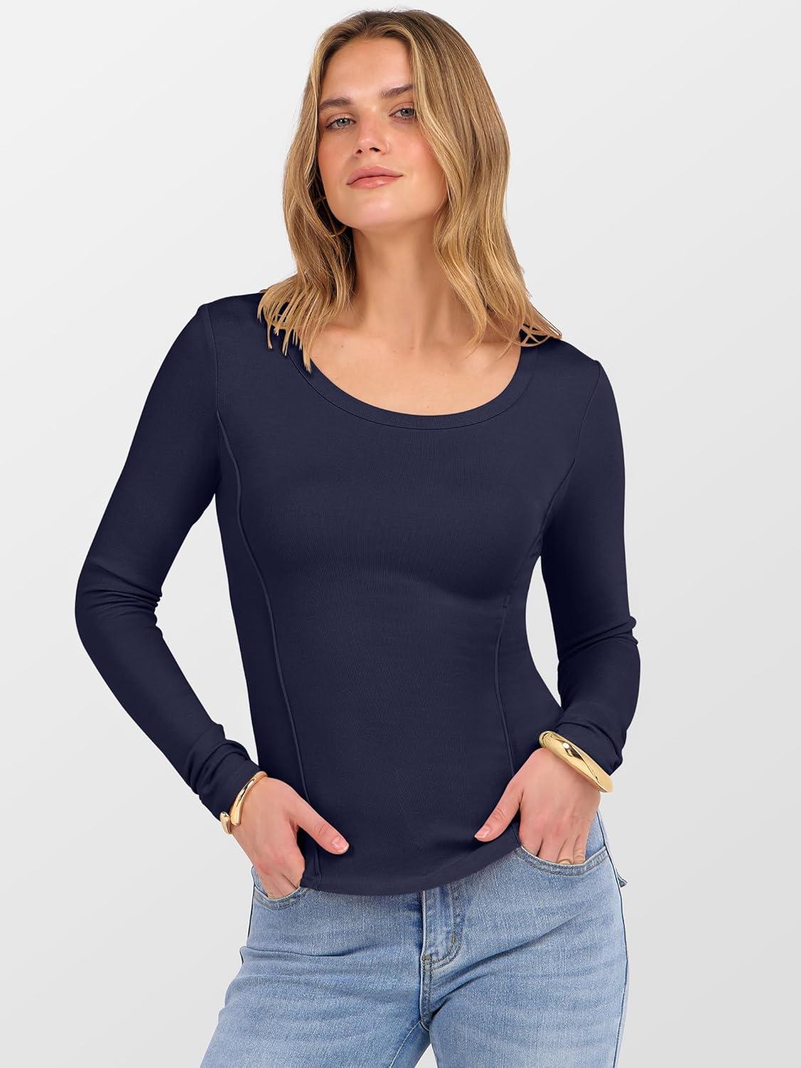 imageANRABESS Womens Long Sleeve Shirts Crewneck Curved Hem Rib Knit Slim Fit Basic Y2K Tops 2025 Fall Outfits Casual Work TeesNavy Blue