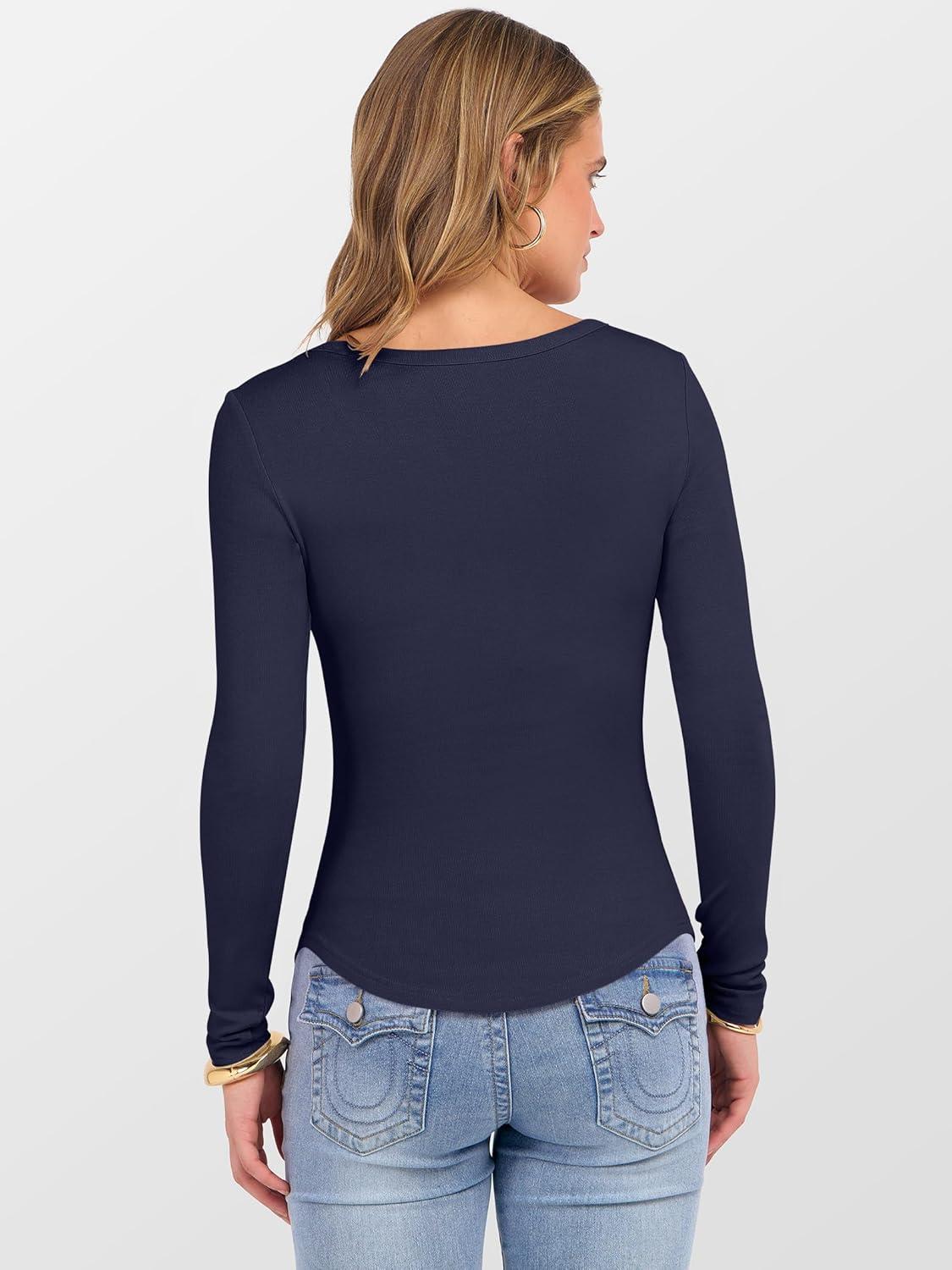 imageANRABESS Womens Long Sleeve Shirts Crewneck Curved Hem Rib Knit Slim Fit Basic Y2K Tops 2025 Fall Outfits Casual Work TeesNavy Blue