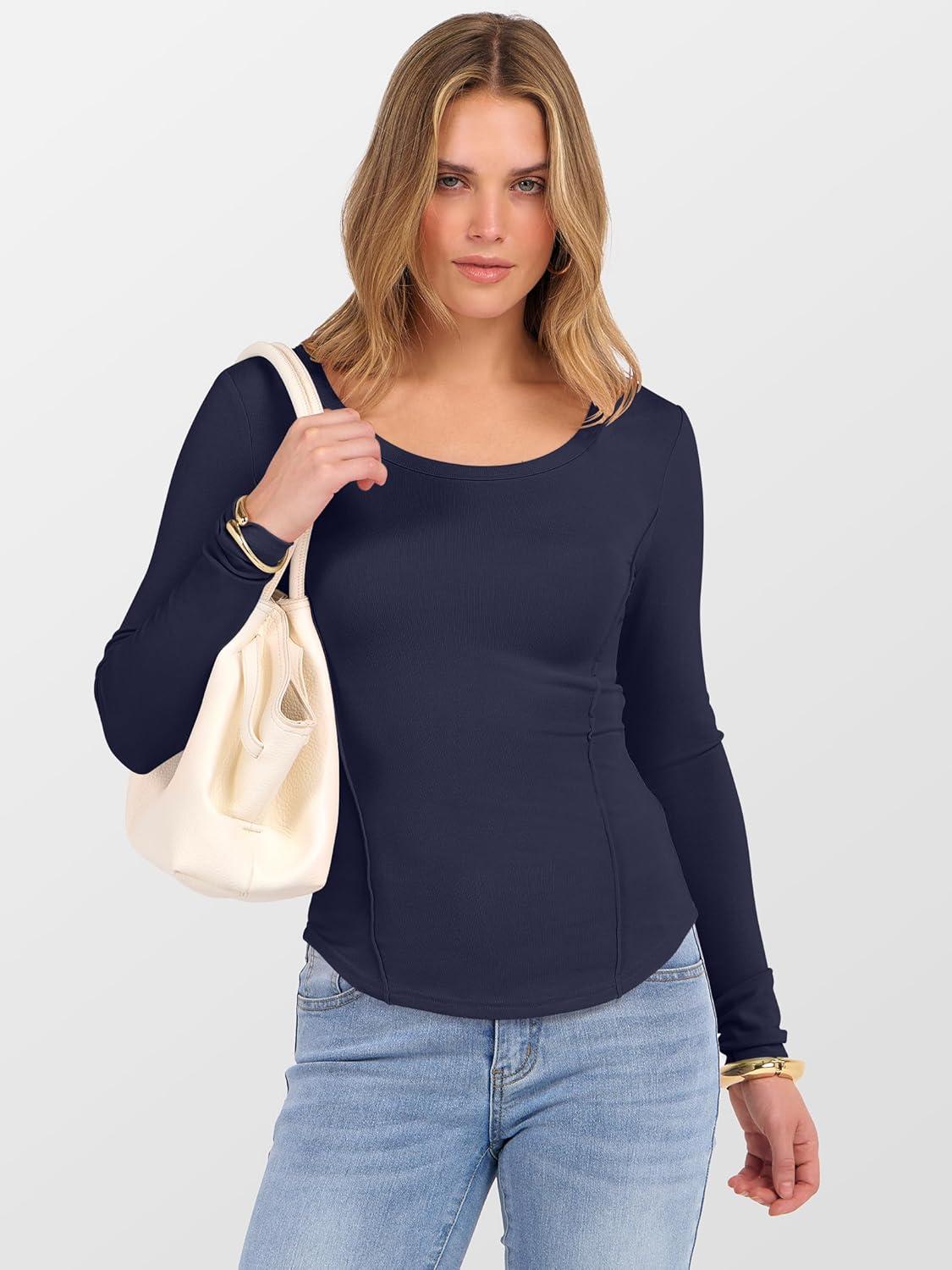 imageANRABESS Womens Long Sleeve Shirts Crewneck Curved Hem Rib Knit Slim Fit Basic Y2K Tops 2025 Fall Outfits Casual Work TeesNavy Blue