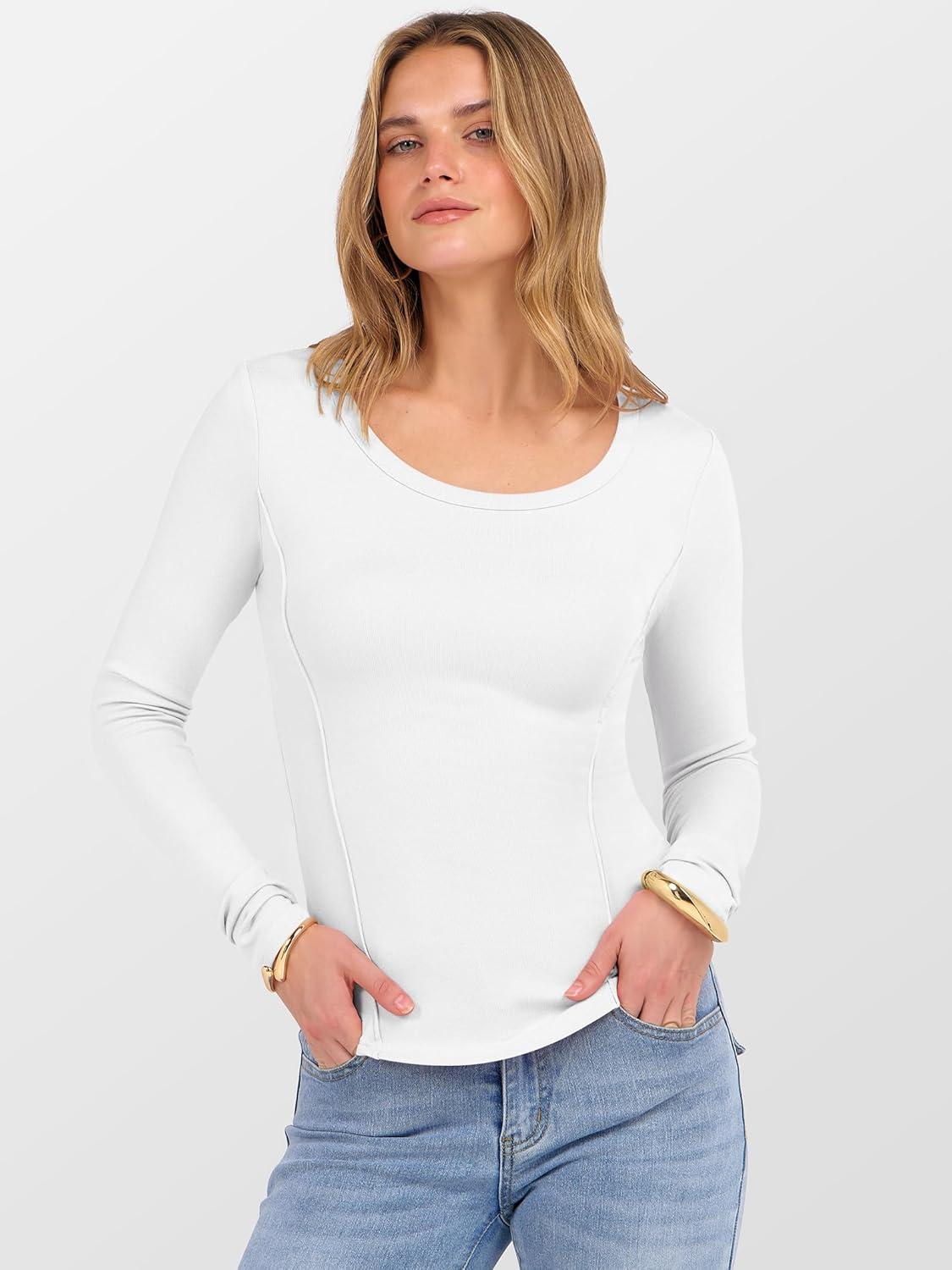 imageANRABESS Womens Long Sleeve Shirts Crewneck Curved Hem Rib Knit Slim Fit Basic Y2K Tops 2025 Fall Outfits Casual Work TeesWhite
