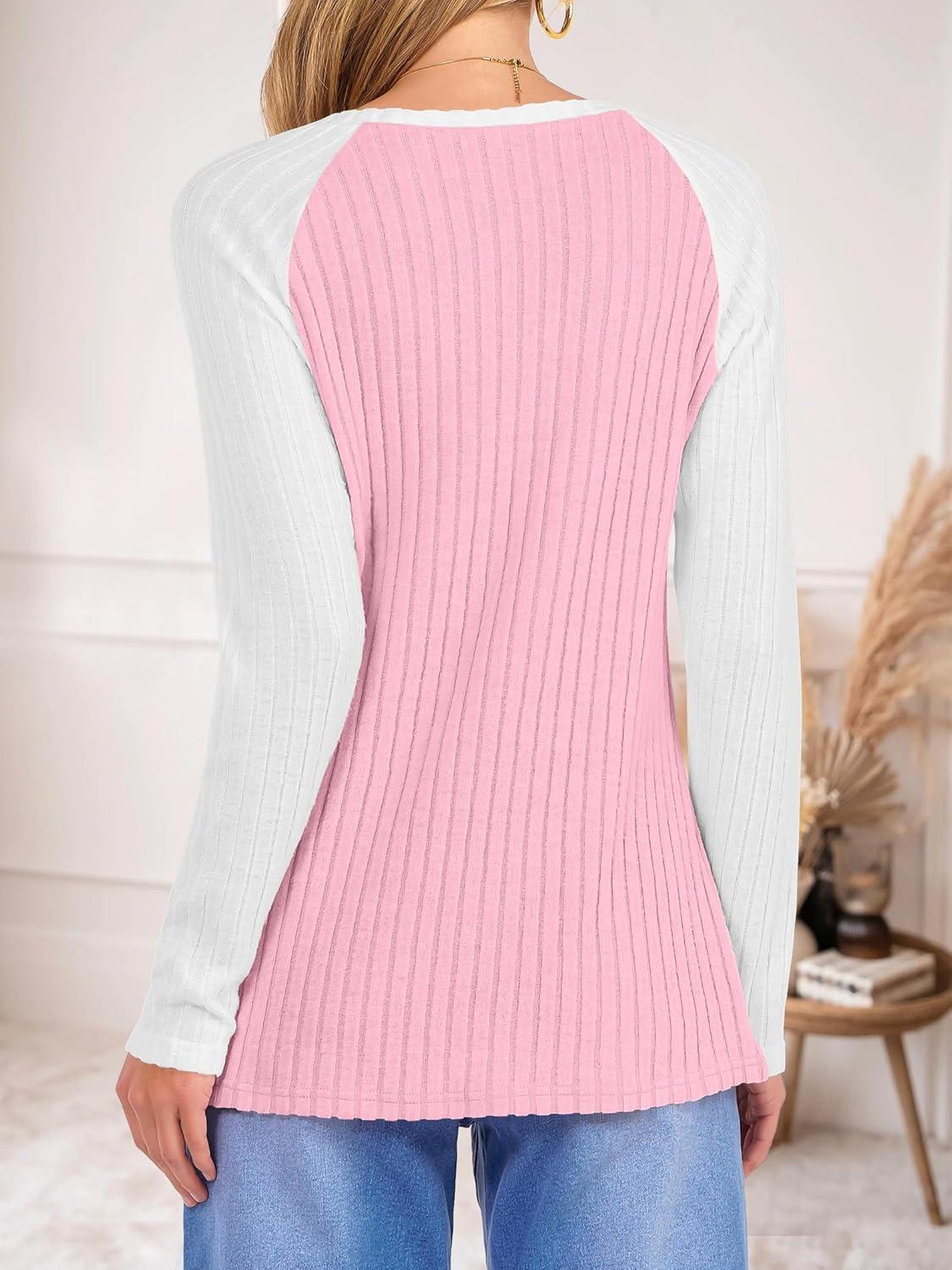 imageANRABESS Womens Long Sleeve Tops Ribbed Knit Color Block Shirts Lightweight Sweaters 2025 Fall Outfits BlousesPink Yarrow White