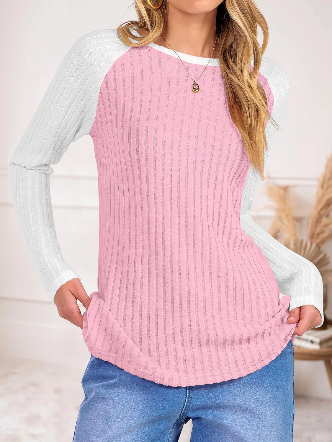 imageANRABESS Womens Long Sleeve Tops Ribbed Knit Color Block Shirts Lightweight Sweaters 2025 Fall Outfits BlousesPink Yarrow White