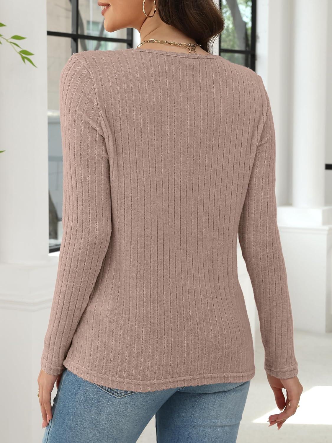 imageANRABESS Womens Long Sleeve Tunic Tops for Leggings Casual V Neck Button Shirts 2025 Fall Light Pullover Sweaters BlouseKhaki