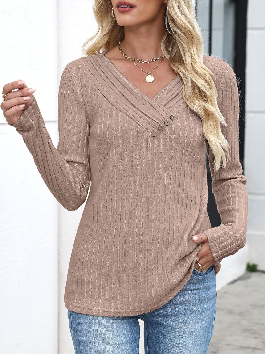 imageANRABESS Womens Long Sleeve Tunic Tops for Leggings Casual V Neck Button Shirts 2025 Fall Light Pullover Sweaters BlouseKhaki