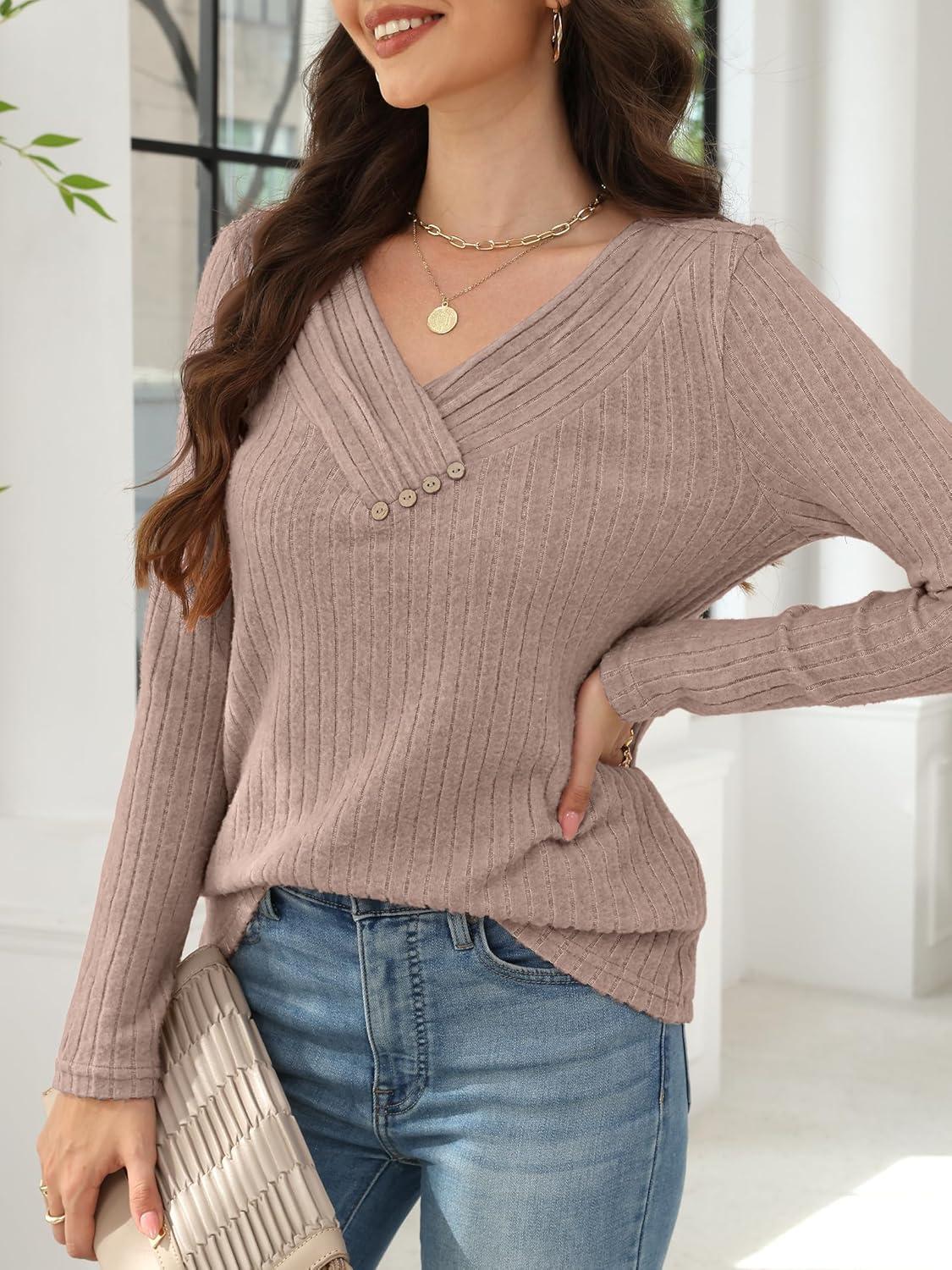 imageANRABESS Womens Long Sleeve Tunic Tops for Leggings Casual V Neck Button Shirts 2025 Fall Light Pullover Sweaters BlouseKhaki