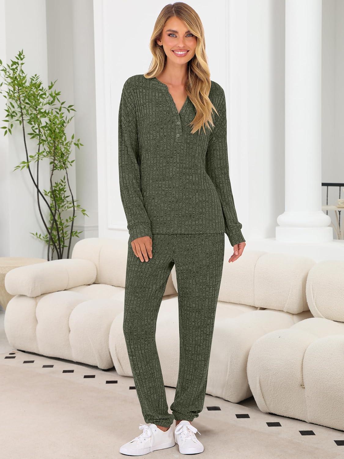 imageANRABESS Womens Lounge Set 2025 Fall 2 Piece Outfit Long Sleeve Pajamas Sets Henley Top ampamp Pants Loungewear ClothingArmy Green