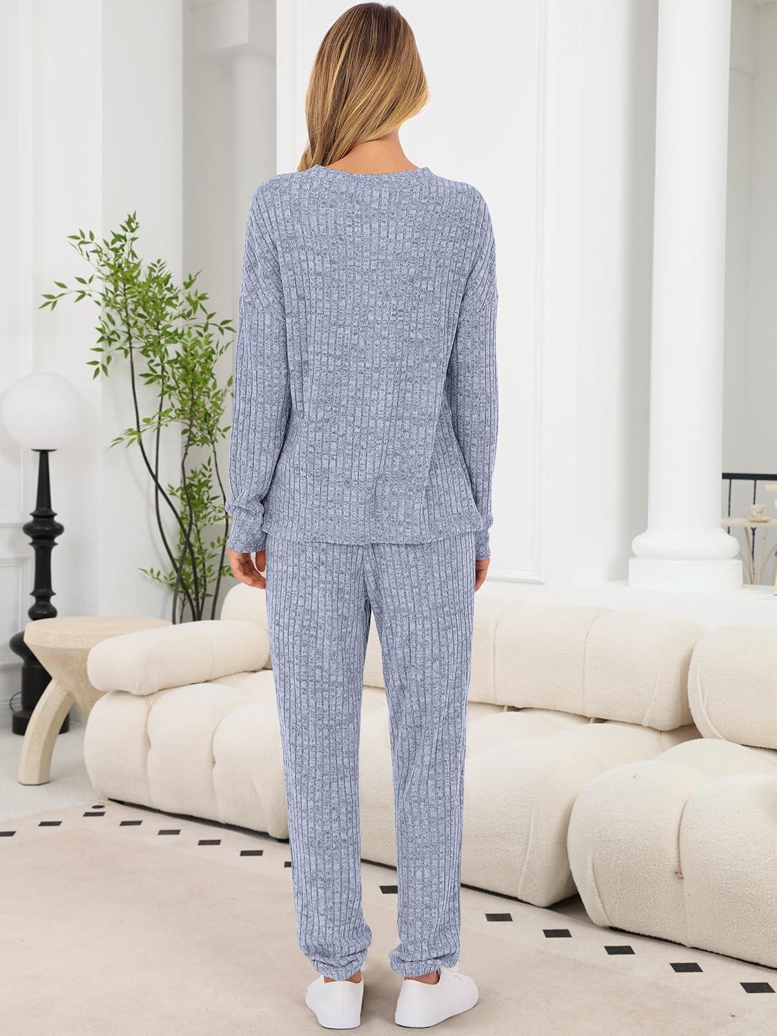 imageANRABESS Womens Lounge Set 2025 Fall 2 Piece Outfit Long Sleeve Pajamas Sets Henley Top ampamp Pants Loungewear ClothingBlue