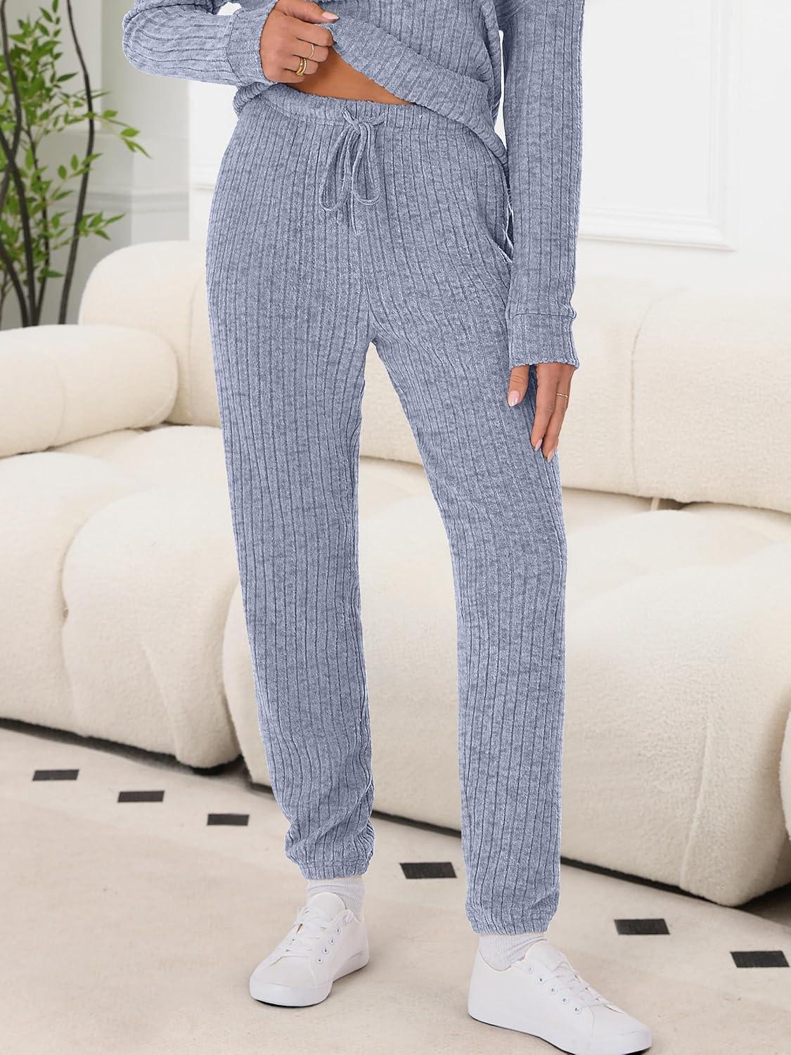 imageANRABESS Womens Lounge Set 2025 Fall 2 Piece Outfit Long Sleeve Pajamas Sets Henley Top ampamp Pants Loungewear ClothingBlue