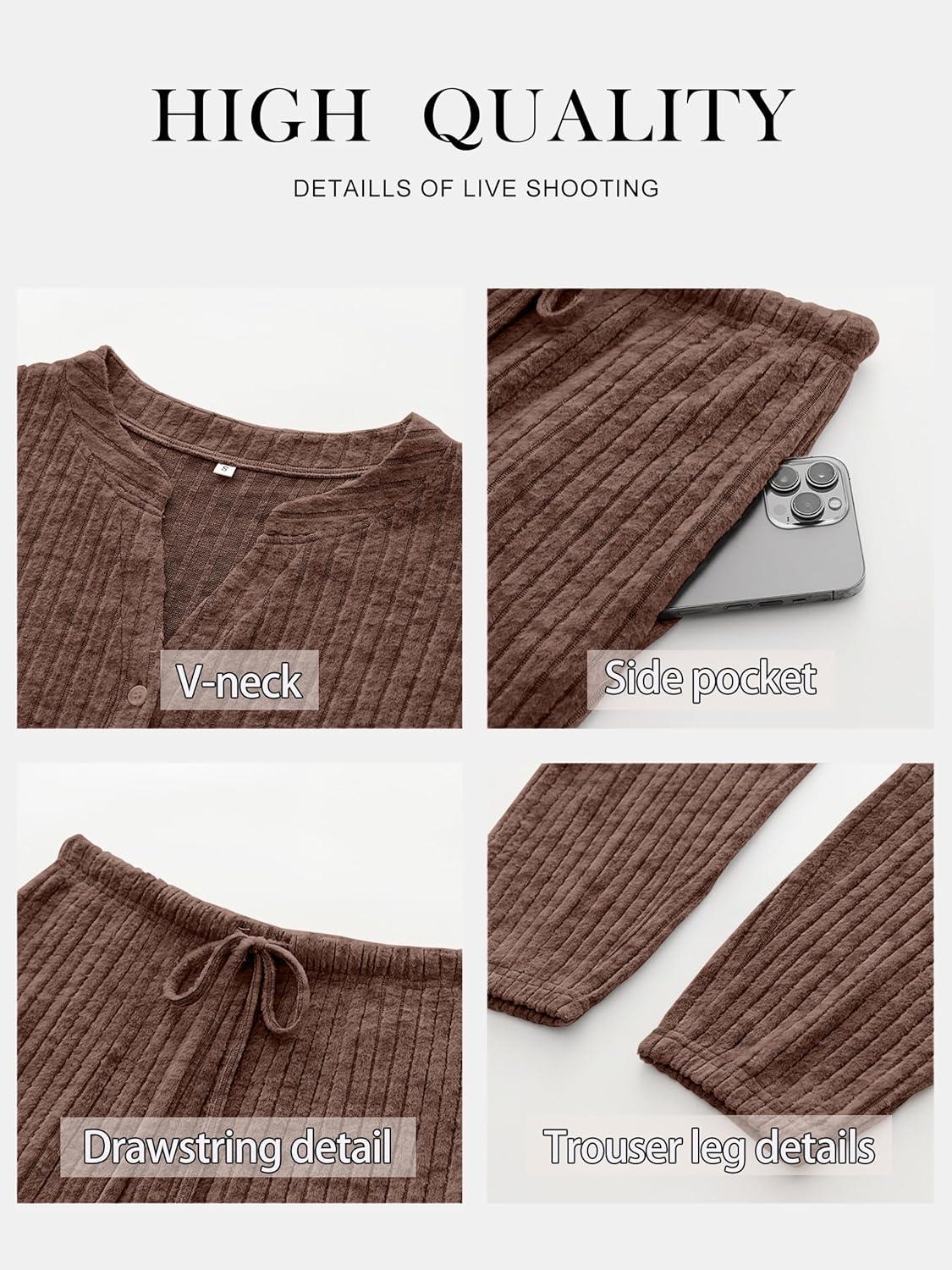 imageANRABESS Womens Lounge Set 2025 Fall 2 Piece Outfit Long Sleeve Pajamas Sets Henley Top ampamp Pants Loungewear ClothingBrown