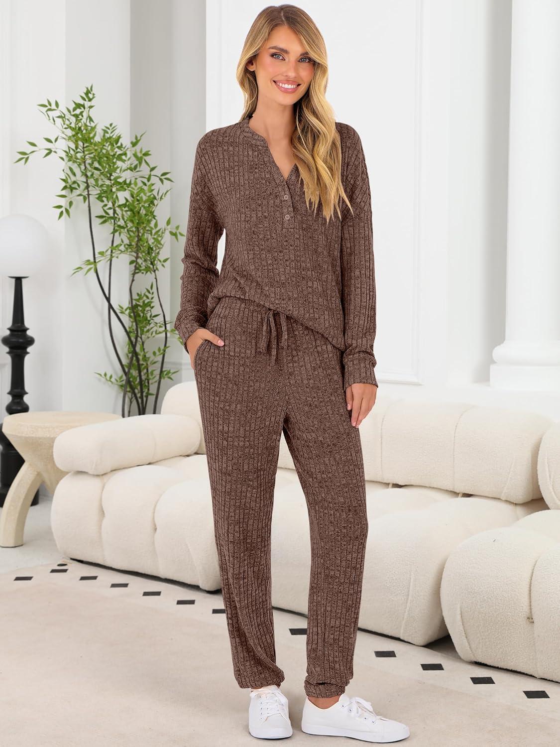 imageANRABESS Womens Lounge Set 2025 Fall 2 Piece Outfit Long Sleeve Pajamas Sets Henley Top ampamp Pants Loungewear ClothingBrown