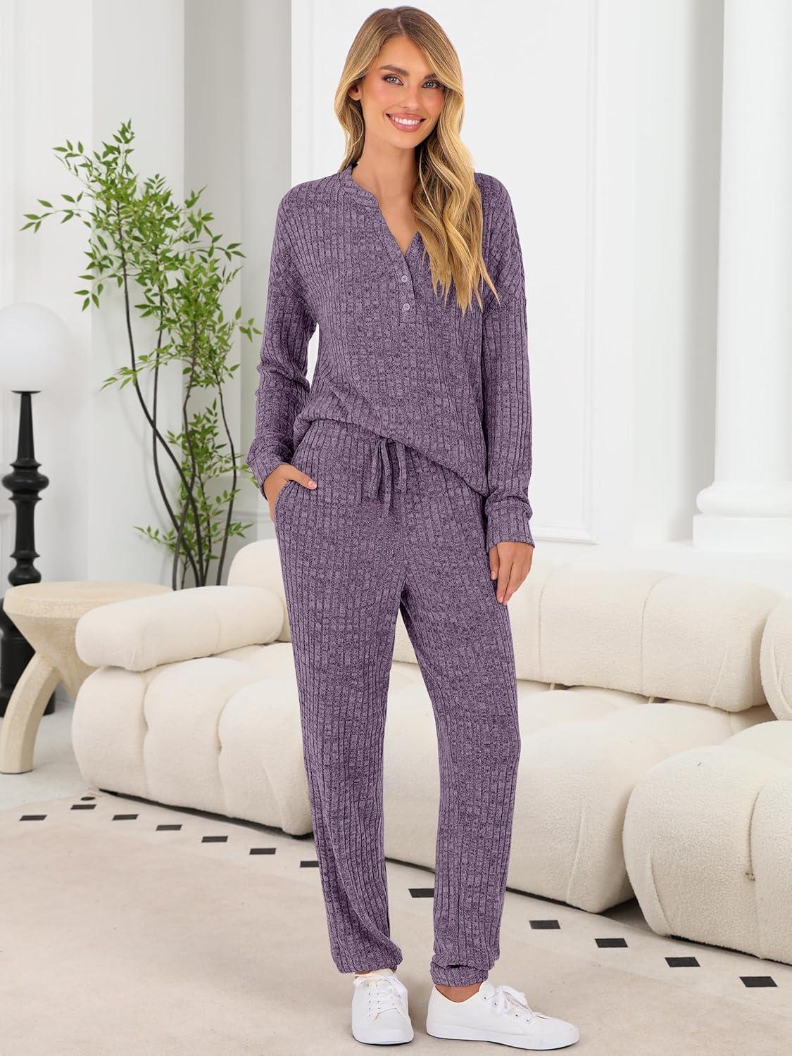 imageANRABESS Womens Lounge Set 2025 Fall 2 Piece Outfit Long Sleeve Pajamas Sets Henley Top ampamp Pants Loungewear ClothingPurple