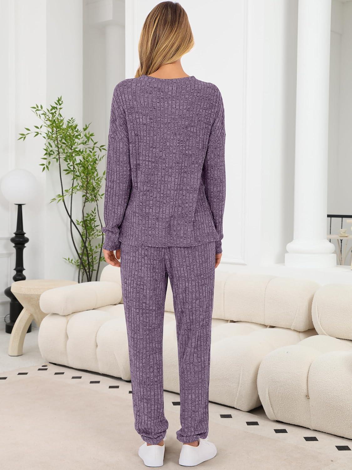 imageANRABESS Womens Lounge Set 2025 Fall 2 Piece Outfit Long Sleeve Pajamas Sets Henley Top ampamp Pants Loungewear ClothingPurple