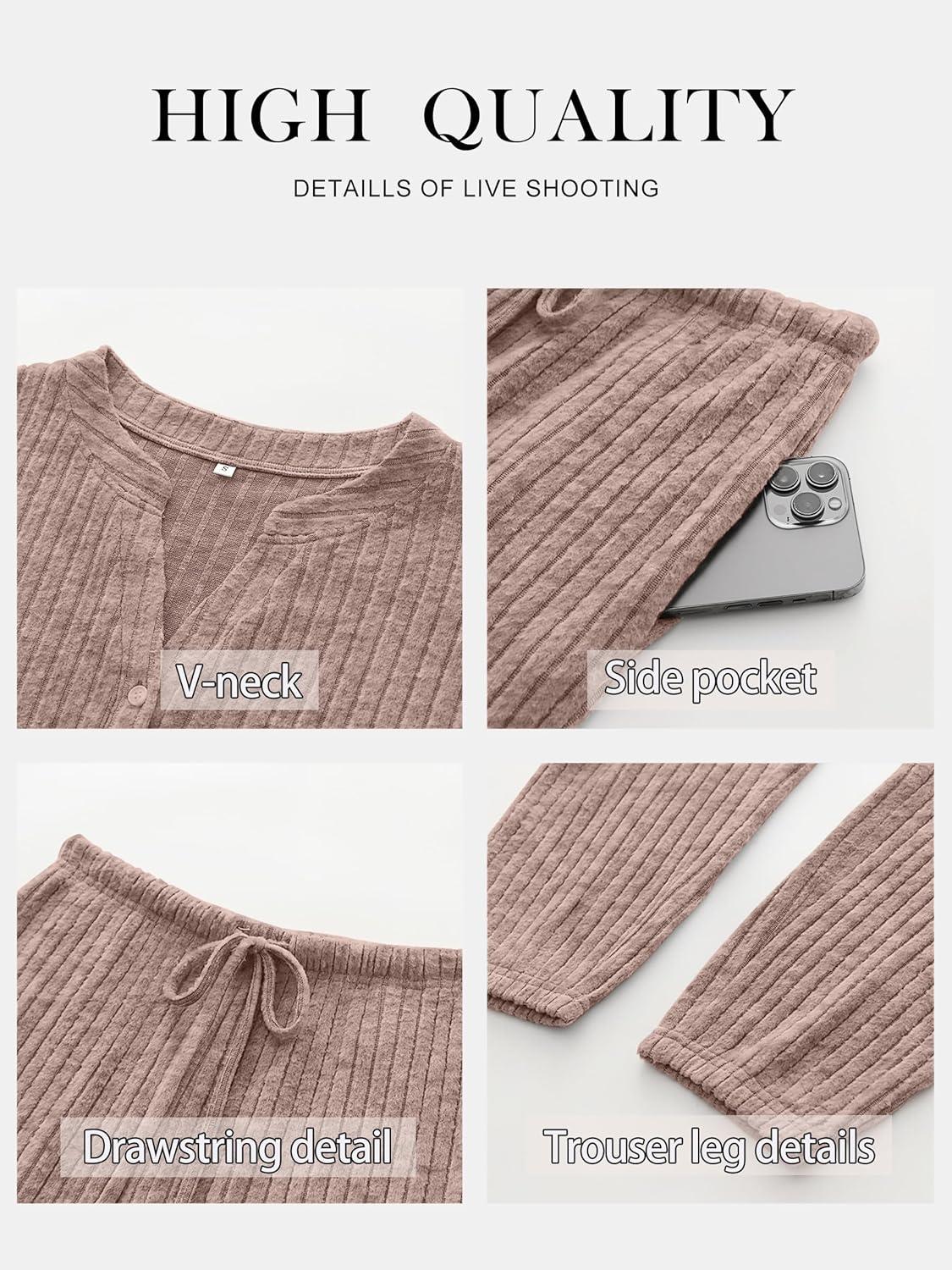 imageANRABESS Womens Lounge Set 2025 Fall 2 Piece Outfit Long Sleeve Pajamas Sets Henley Top ampamp Pants Loungewear ClothingTan