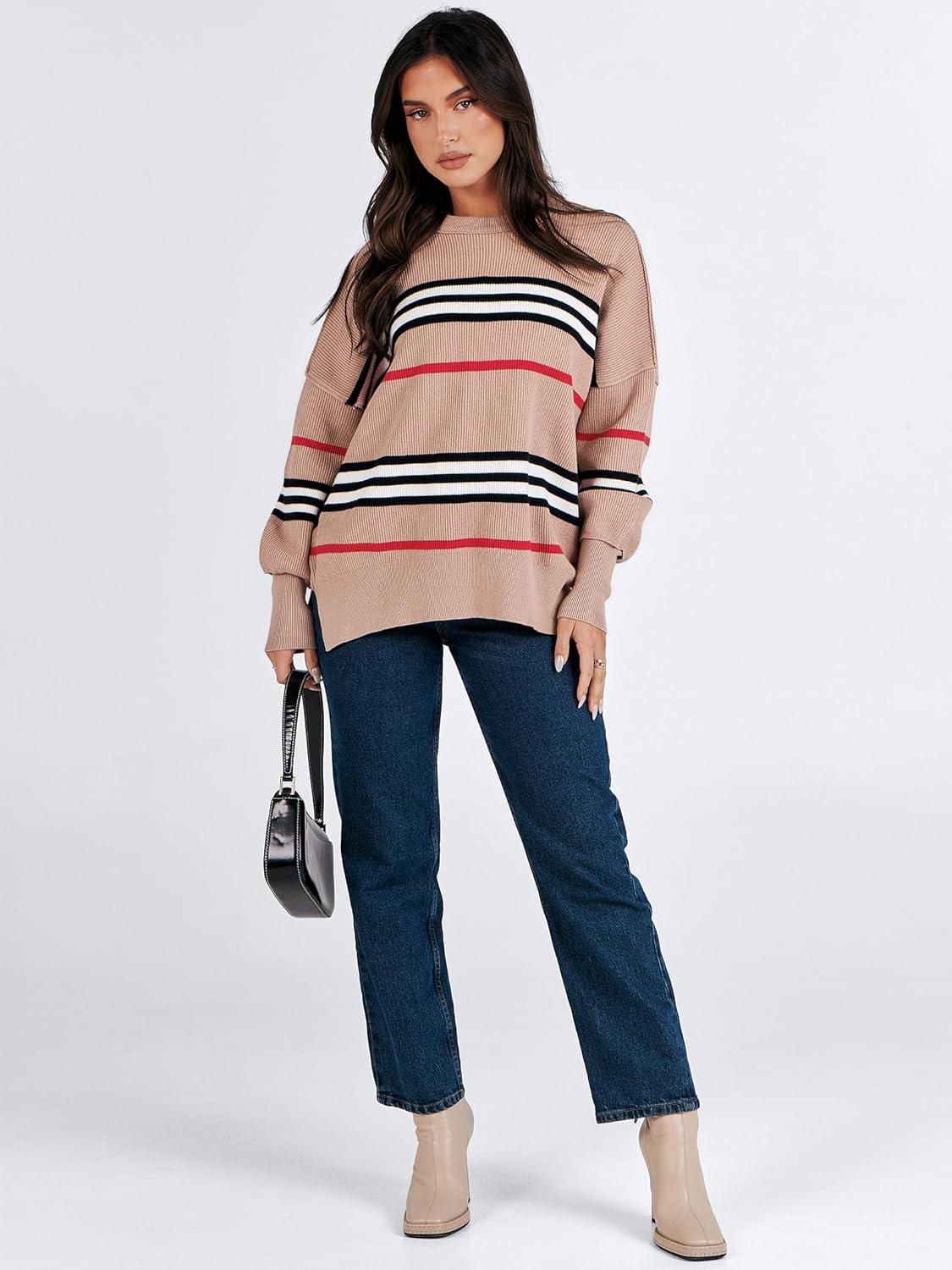 imageANRABESS Womens Oversized Sweaters Fall 2025 Fashion Crewneck Batwing Long Sleeve Side Slit Knit Pullover Sweater TopsStripe Khaki Black