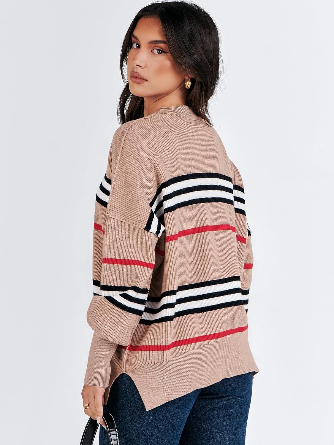 imageANRABESS Womens Oversized Sweaters Fall 2025 Fashion Crewneck Batwing Long Sleeve Side Slit Knit Pullover Sweater TopsStripe Khaki Black