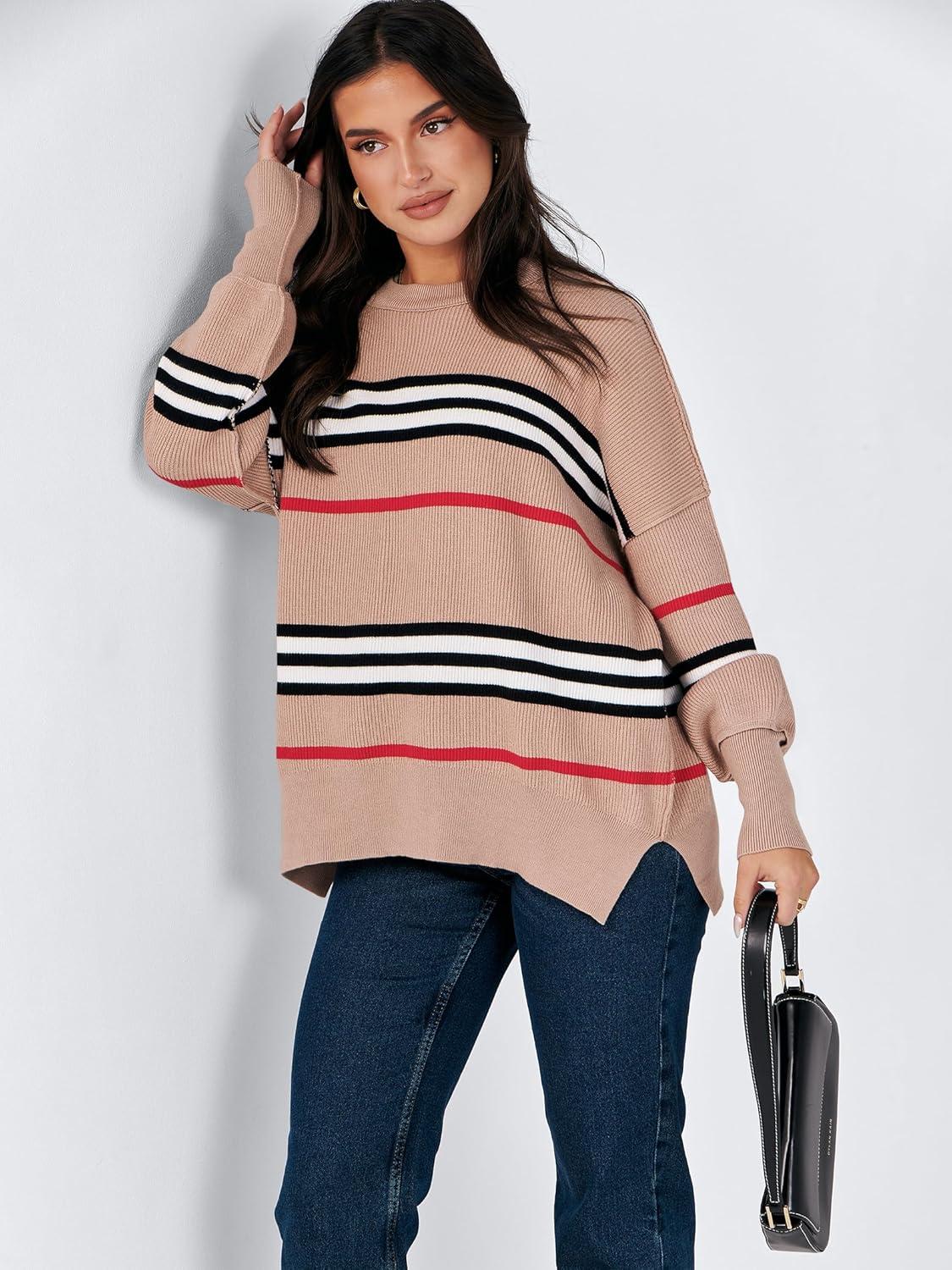 imageANRABESS Womens Oversized Sweaters Fall 2025 Fashion Crewneck Batwing Long Sleeve Side Slit Knit Pullover Sweater TopsStripe Khaki Black