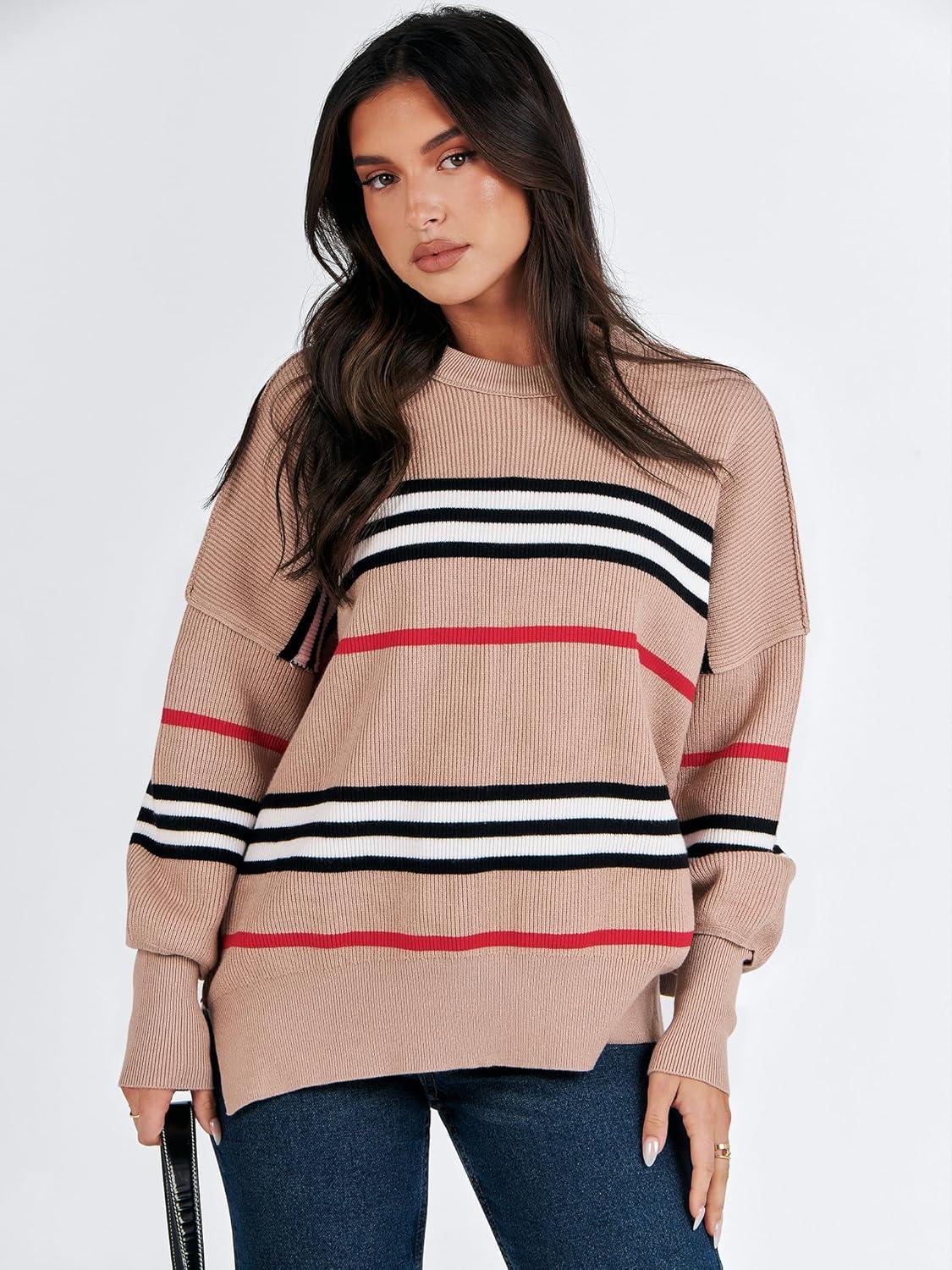 imageANRABESS Womens Oversized Sweaters Fall 2025 Fashion Crewneck Batwing Long Sleeve Side Slit Knit Pullover Sweater TopsStripe Khaki Black