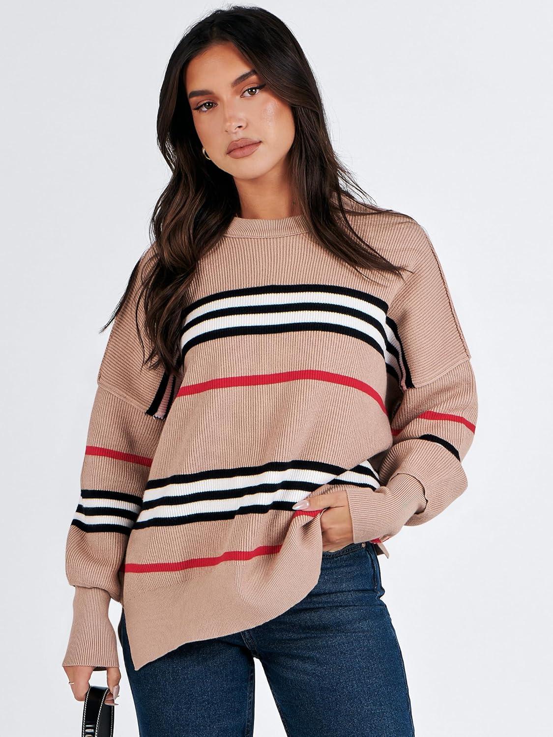 imageANRABESS Womens Oversized Sweaters Fall 2025 Fashion Crewneck Batwing Long Sleeve Side Slit Knit Pullover Sweater TopsStripe Khaki Black